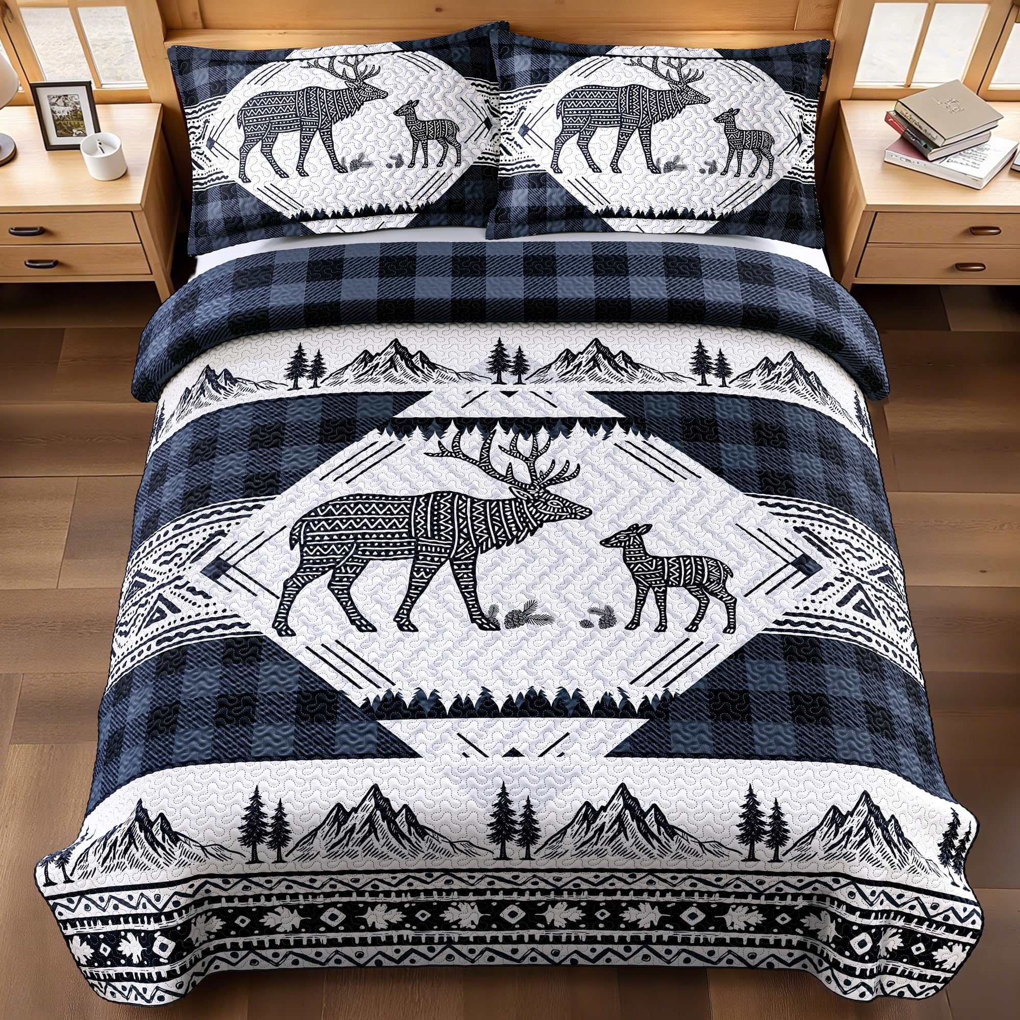 3 Piece Cabin King Size Quilt Sets Farmhouse Rustic Reversible Microfiber Soft Lightweight Bedspread Comforter with 2 Shams Patchwork Country Lodge Bedding Quilts Set for All Season, 106''x96'', Blue