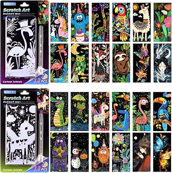 Scratch Card Art Bookmark Kit for Adults - DIY Creative Scratch Painting Bookmarks with Card Crafting Tools, Stress Relief Art Supplies for Reading, Journaling24 Sheets Animal Series II