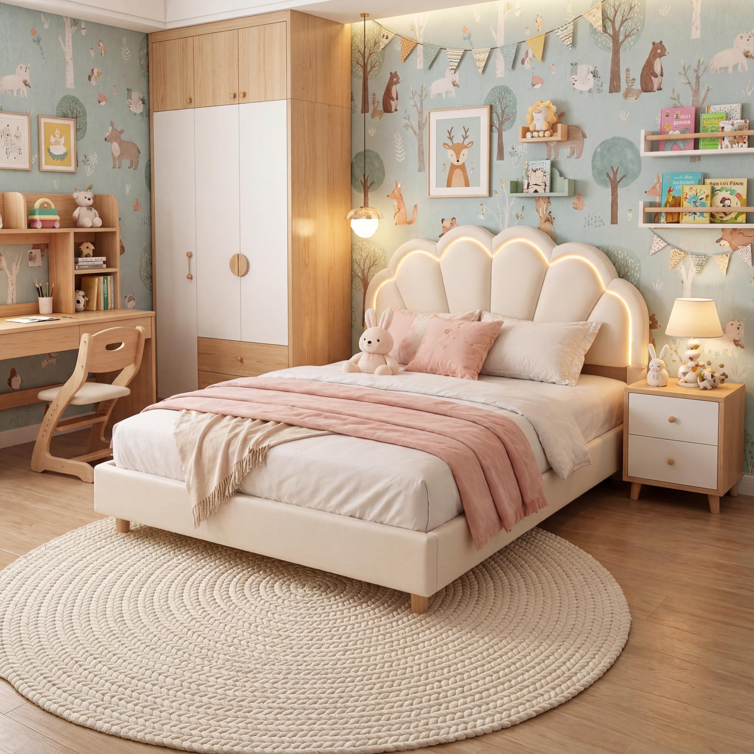 Polsterbett Doppelbett 140x200 cm für Mädchen, Mädchenbett Jugendbett, Gepolsterter Schwebender Bettrahmen mit LED-Lichtleisten und Kopfteil in Blumenform, Samtstoff,Beige
