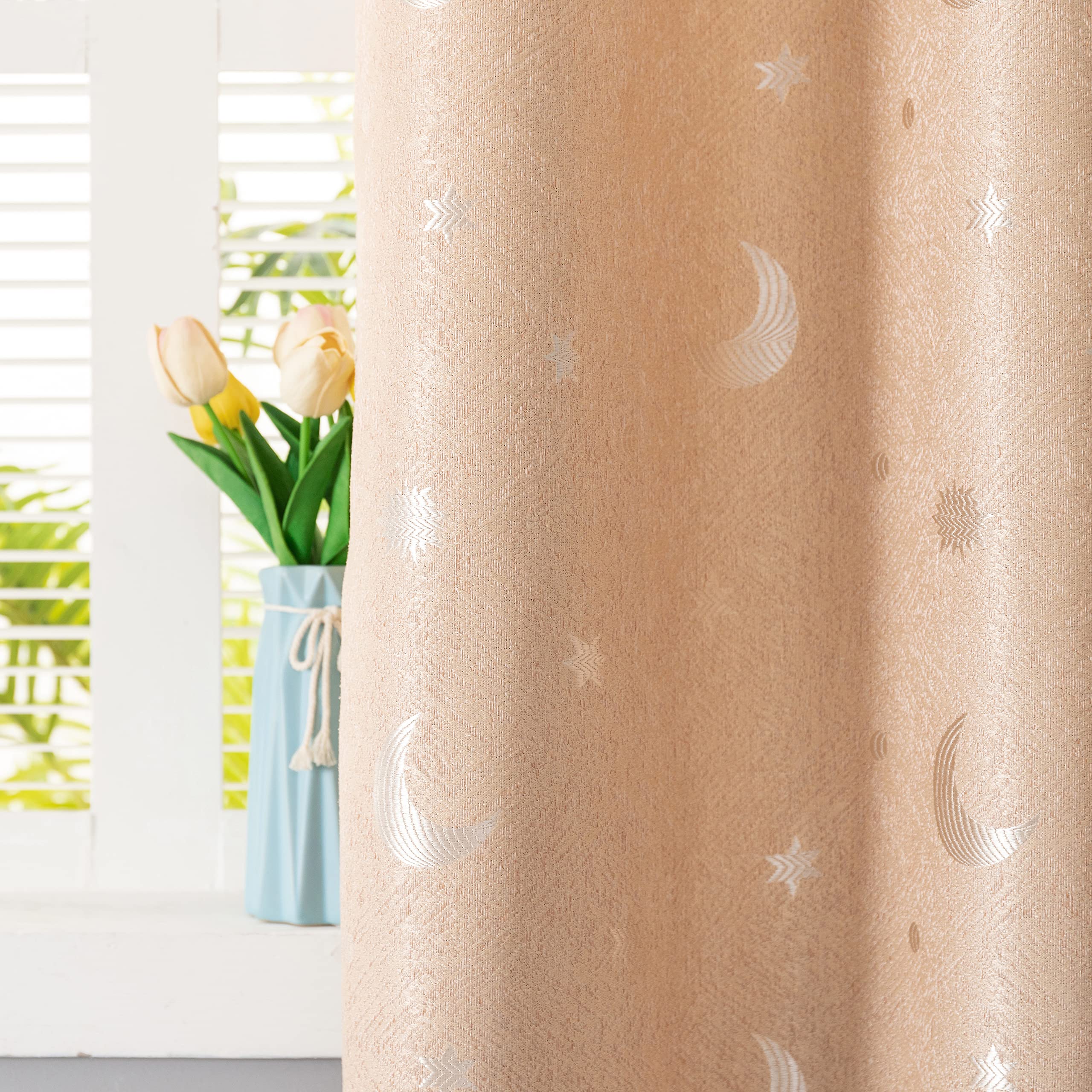 GIRASOLE HOME® Paire de rideaux Jacquard semi-occultants fantaisie Lune et étoiles rideau souple Thermique Isolant pour Chambre Chambre et Intérieur 2 panneaux avec œillets (beige étoiles, 140x275 cm)