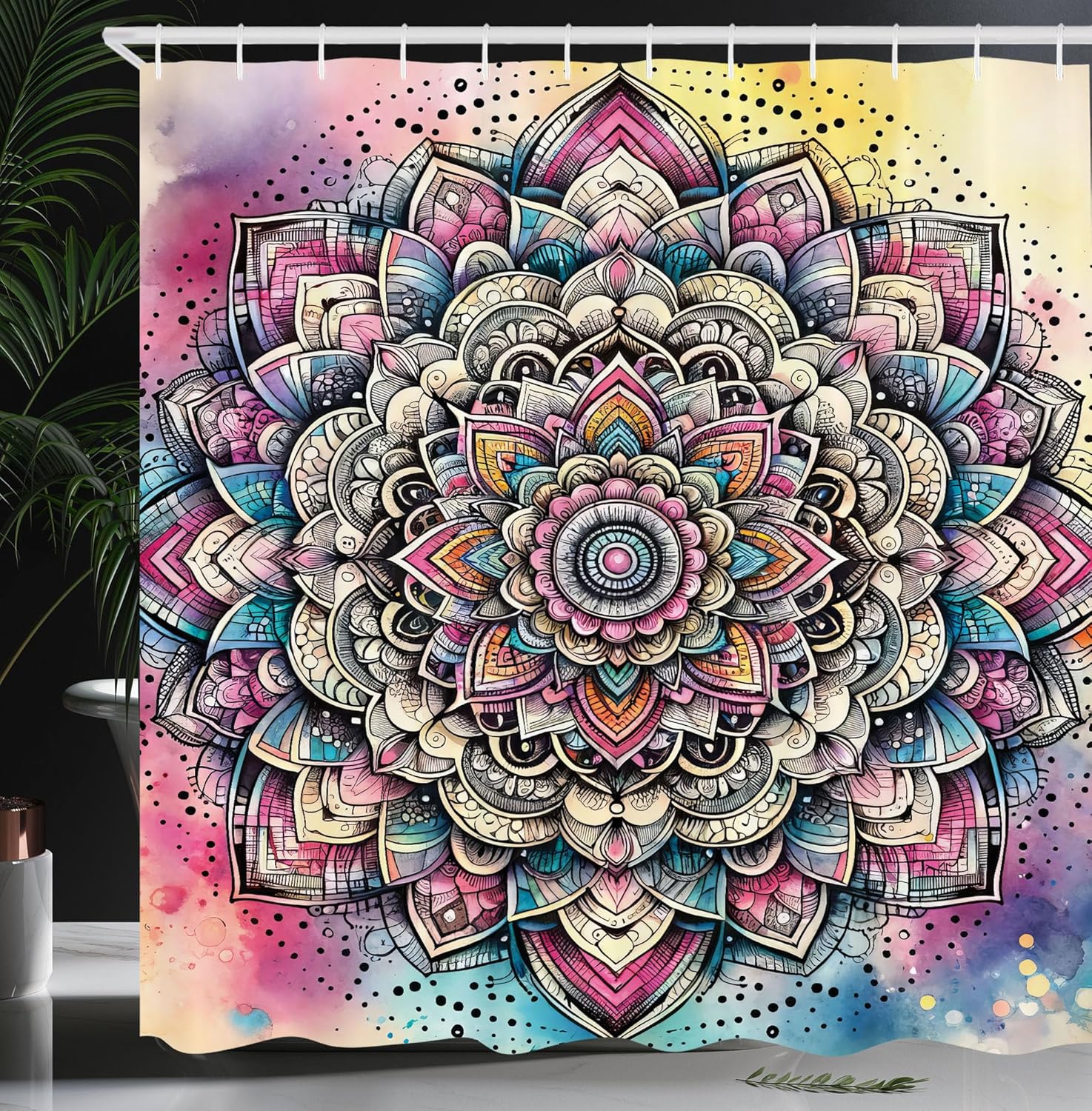 Ambesonne Colorful Shower Curtain, Oriental Dream Blooming Mandala and Gentle Petals on Jumble Fantasy Tones, Cloth Fabric Bathroom Decor Set with Hooks, 69" W x 84" L, Magenta Aqua