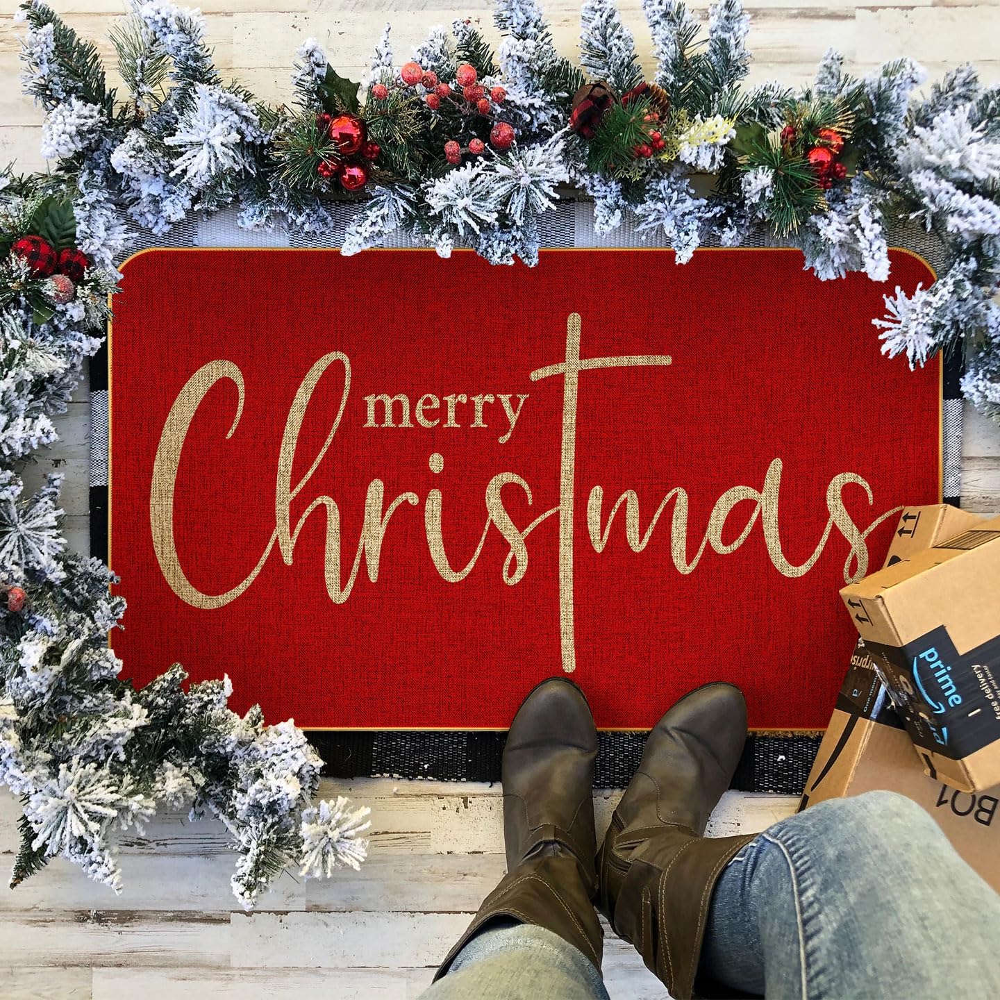 Red Merry Christmas Welcome Decorative Doormat, Seasonal Winter Low-Profile Floor Rug for Indoor Outdoor 17x29 Inch