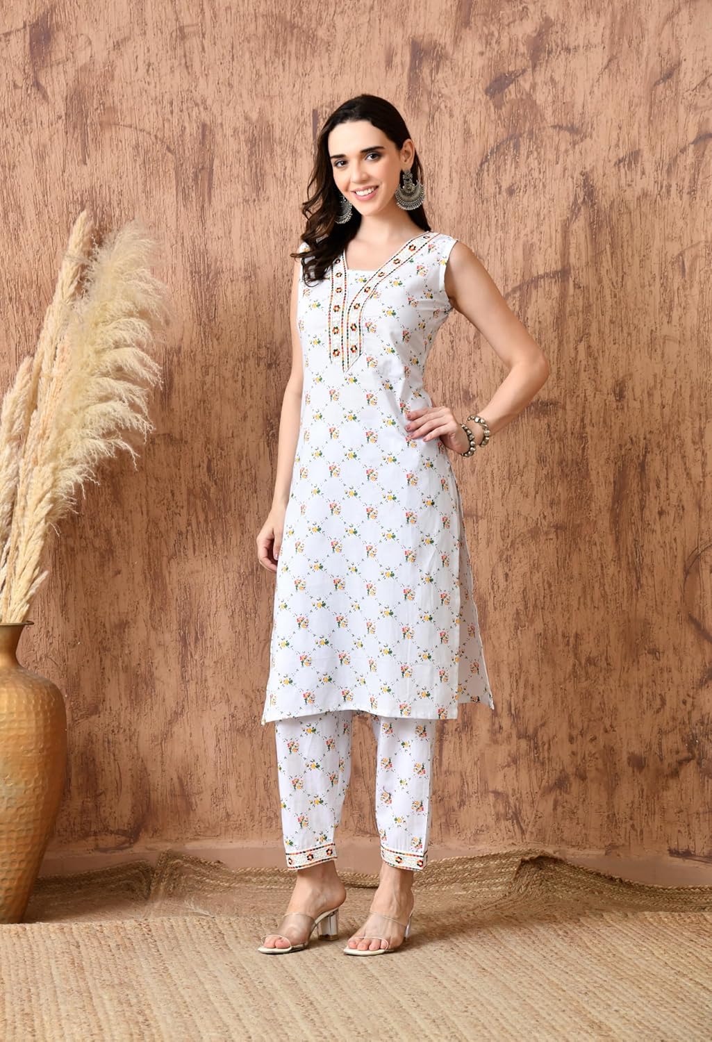 Women's 100% Cotton Kurta Sets, Straight Sleeveless Kurti Set, Festive Kurtis Pant Suit Kurtas Office Wear Trendy