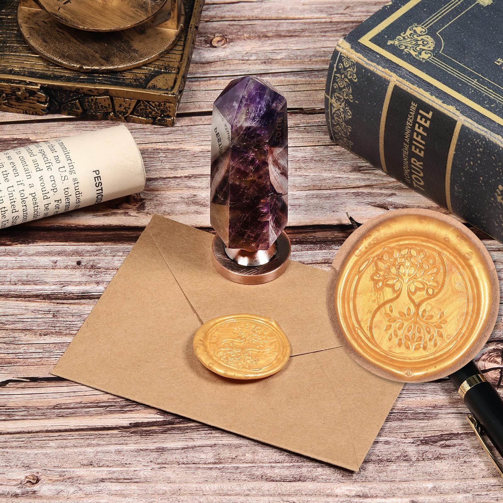 Amethyst Kristall Hexagon Prisma Wachs Siegel Stempel Abnehmbare Vintage Kupfer Siegel für Einladungskarten für Weihnachten Halloween Thanksgiving Geschenk, Twin Symbiotic Tree of Life