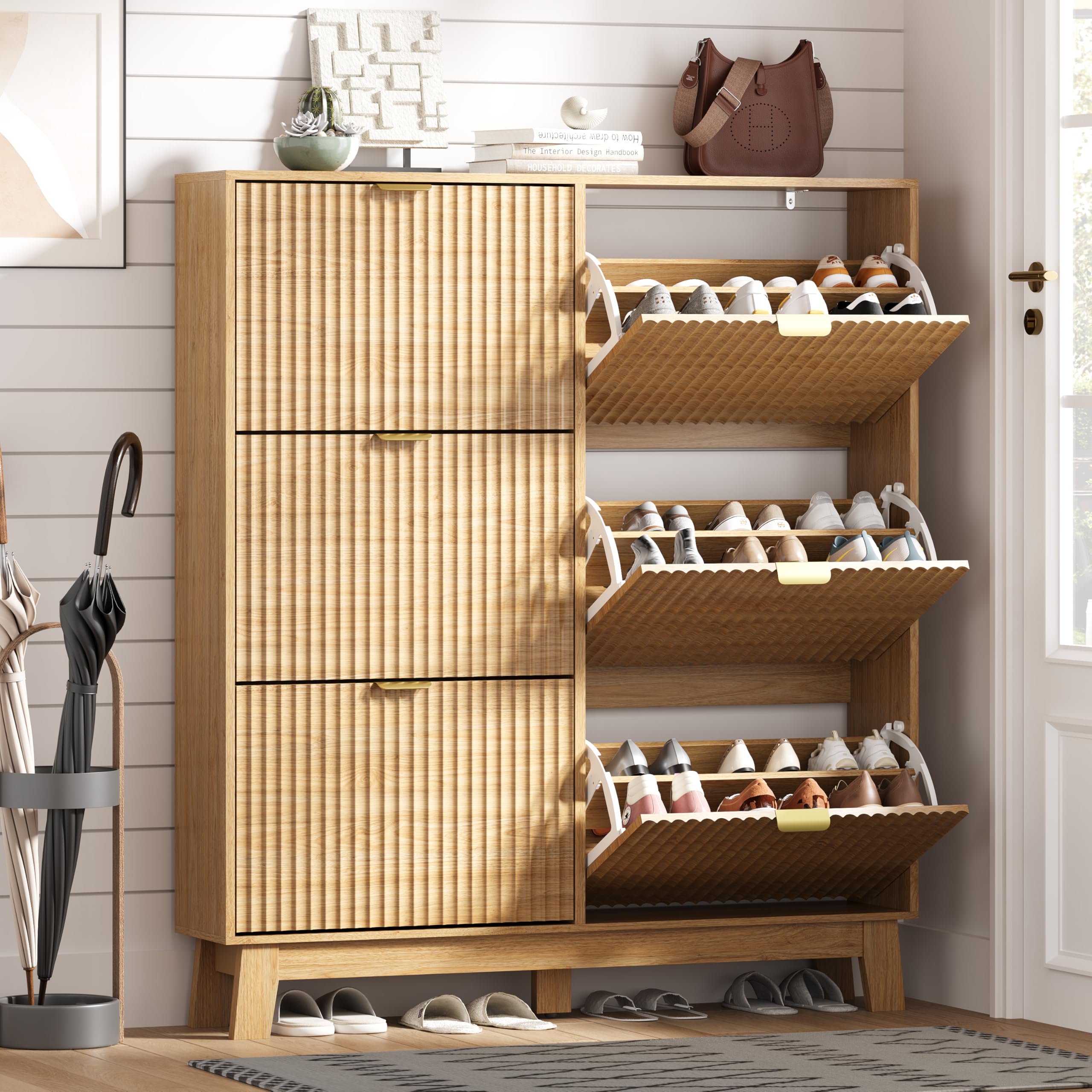 HUANLEGO Shoe Cabinet Storage for Entryway with 6 Flip Drawers, Oak