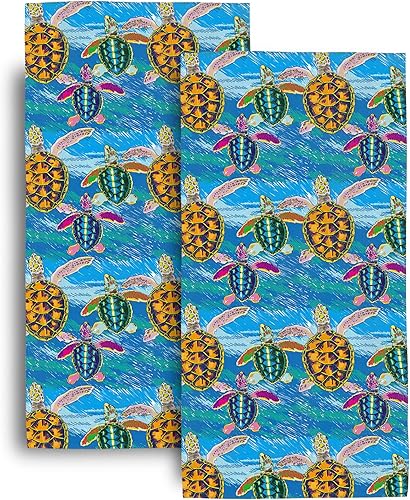 Juego de 2 toallas de mano decorativas de tortugas marinas para playa, baño, suaves, absorbentes, azules, para baño, hogar, hotel, gimnasio, yoga,