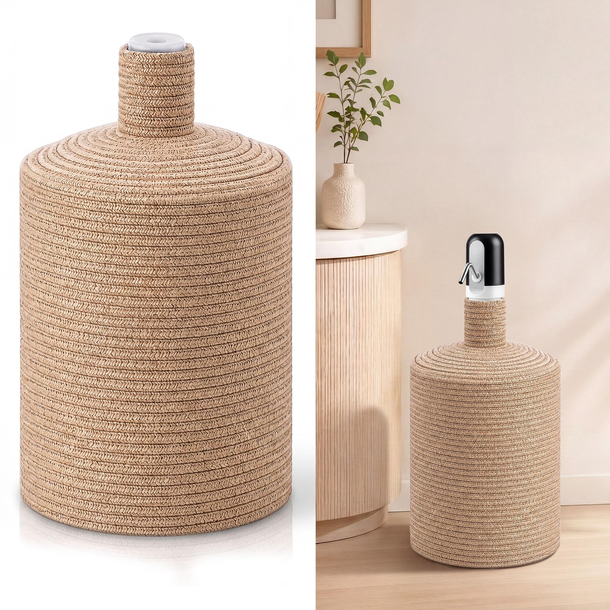 5 Gallon Water Jug Cover. Woven Jute Water Jug Cover Compatible with USB Electric Waters Pump Bottle Holder, Dispenser Stand, Well Pump Cover Decorative(Pumps NOT Provided) (Light Brown)