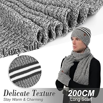 ZASFOU Uomo Cappello Invernale Sciarpa Guanti Touch Screen Set Caldo Pile Foderati in Maglia Berretto Cappelli Sciarpe Lunghe Guanto Regalo Uomo