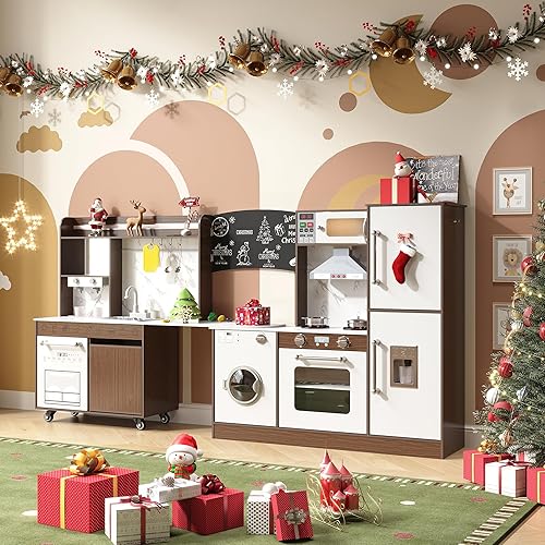 Juego de cocina de esquina de madera para niños, cocina de juego grande con fregadero con agua corriente, estufa con luz y sonido, máquina de hielo