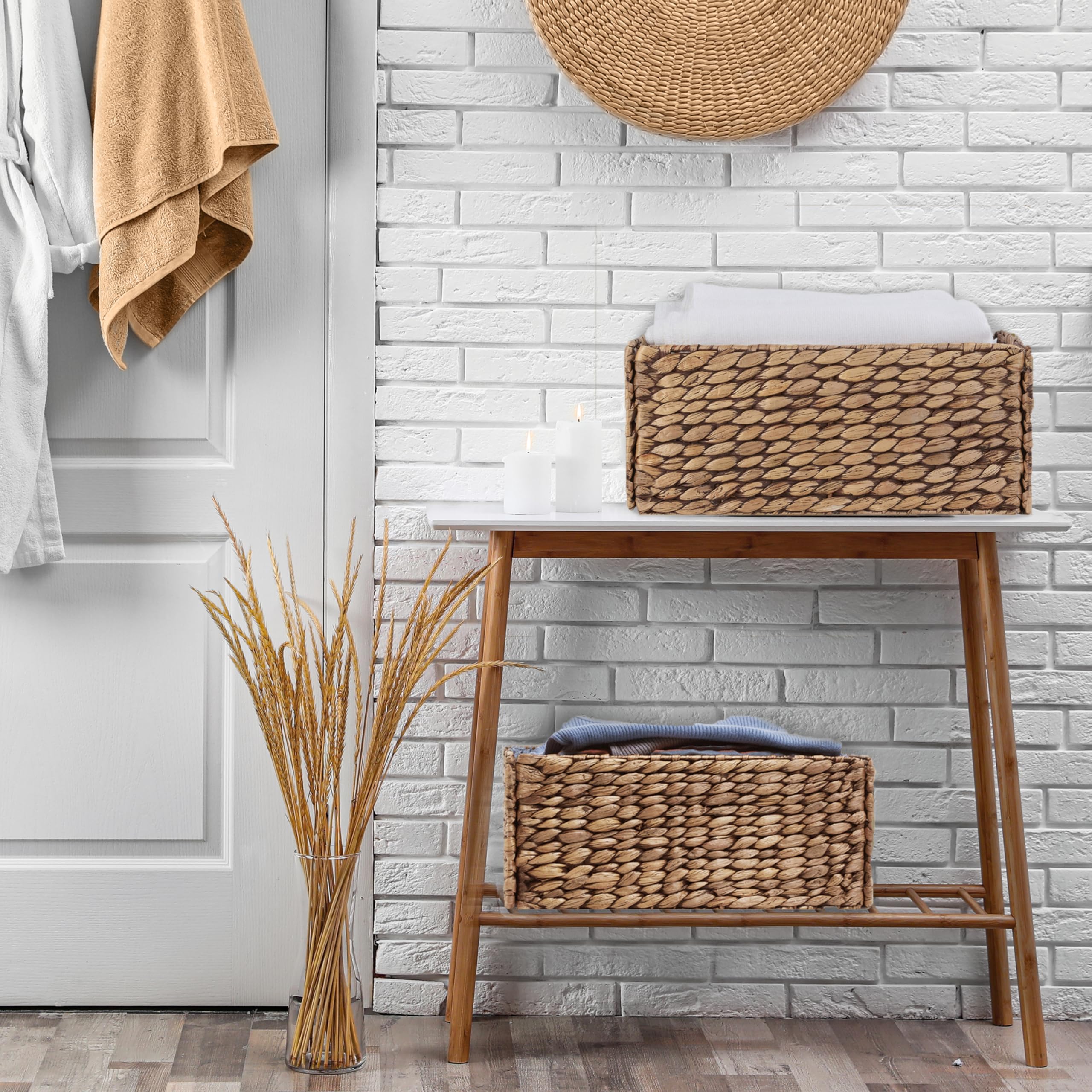 BLUEWEST Canastas tejidas para almacenamiento (paquete de 4) canasta grande de mimbre de 15.1 x 11.7 pulgadas con asa integrada resistente, cesta plegable tejida a mano para baño, lavandería, armario,