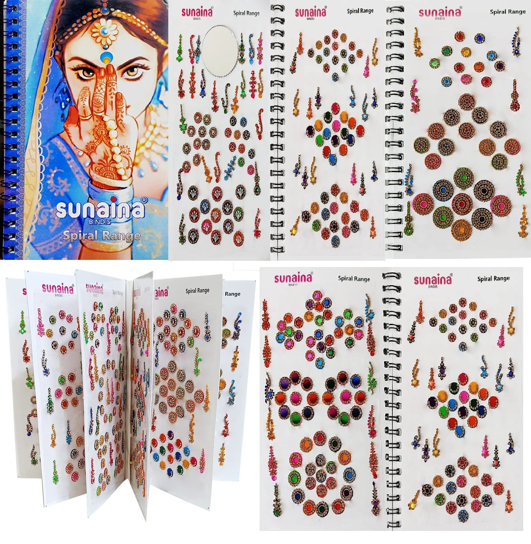 SUNAINA (Original) Spiral Multicolor Mix Size Mix Designer Assorted Velvet Self-Adhesive Paper Cutting Golden Diamond Stone Round Long Sparkle Kumkum Bindi Book For Women & Girl