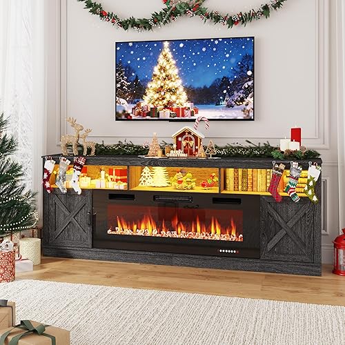 Farmhouse TV Stand with 50" Fireplace for 95" TV, 83" Fireplace Entertainment Center with Barn Doors and LED Light, Tall TV Stands for Living Room, Grey