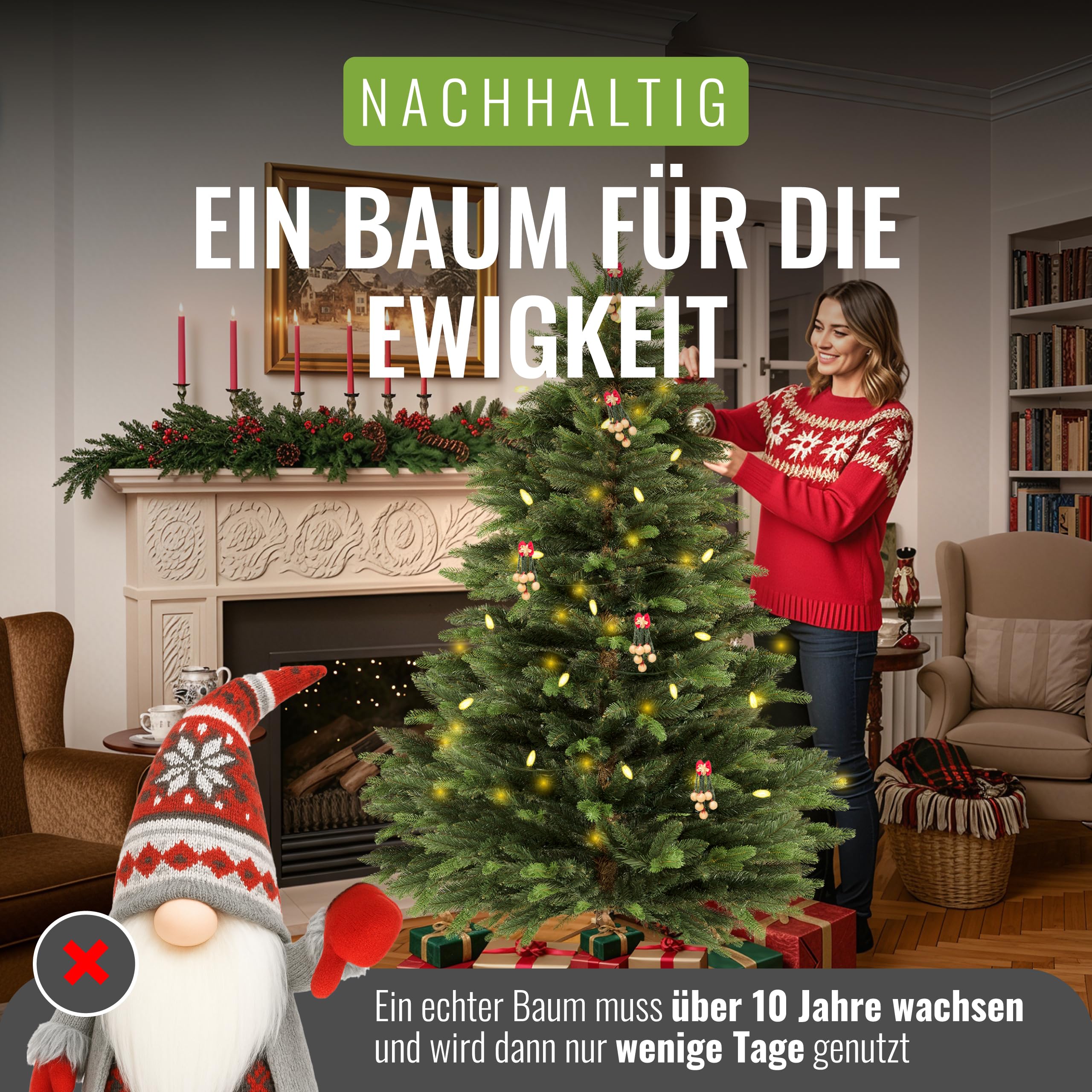 PFLANZWERK® Premium KÜNSTLICHER Weihnachtsbaum NORDMANNTANNE mit Christbaum Holzständer 180cm - TESTSIEGER - NACHHALTIG - GARANTIE - Tannenbaum mit naturgetreuen Nadeln und Zweigen ohne Beleuchtung