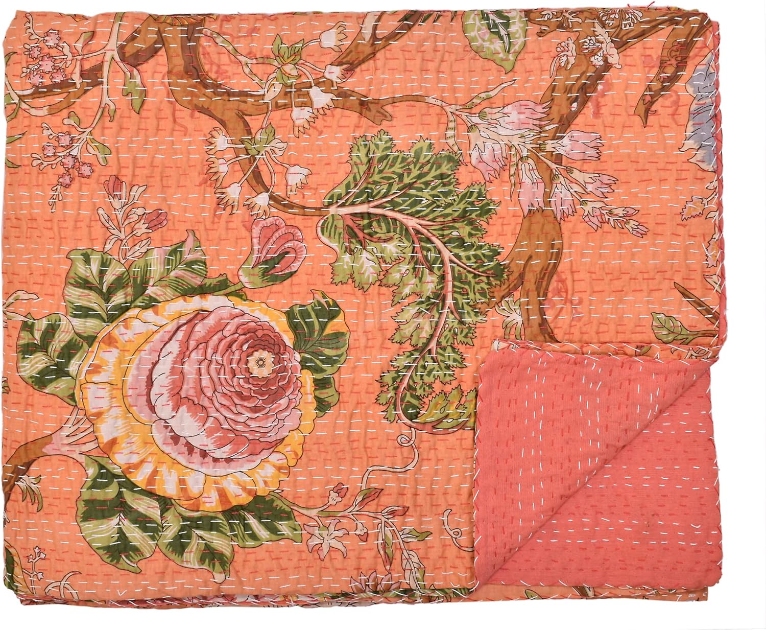King Size Kantha Quilt Cotton Indian Blanket Peach Handmade Gudari Hippie Bedspread Home Decor Bedcover 90x108 Inches