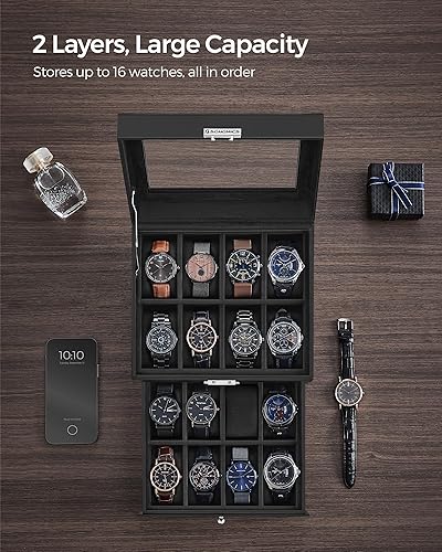 Miniatura 4 de SONGMICS Caja de reloj de 16 ranuras, caja de reloj con tapa de vidrio, 2 capas, vitrina de reloj con cerradura, cuero sintético negro, forro negro