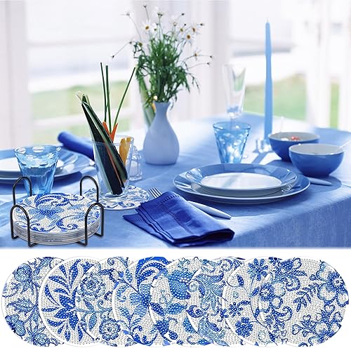 Miniatura 6 de Juego de posavasos con diseño de diamantes de flores azules, posavasos de diamante acrílico 5D con base de corcho y soporte para adultos, 8 unidades