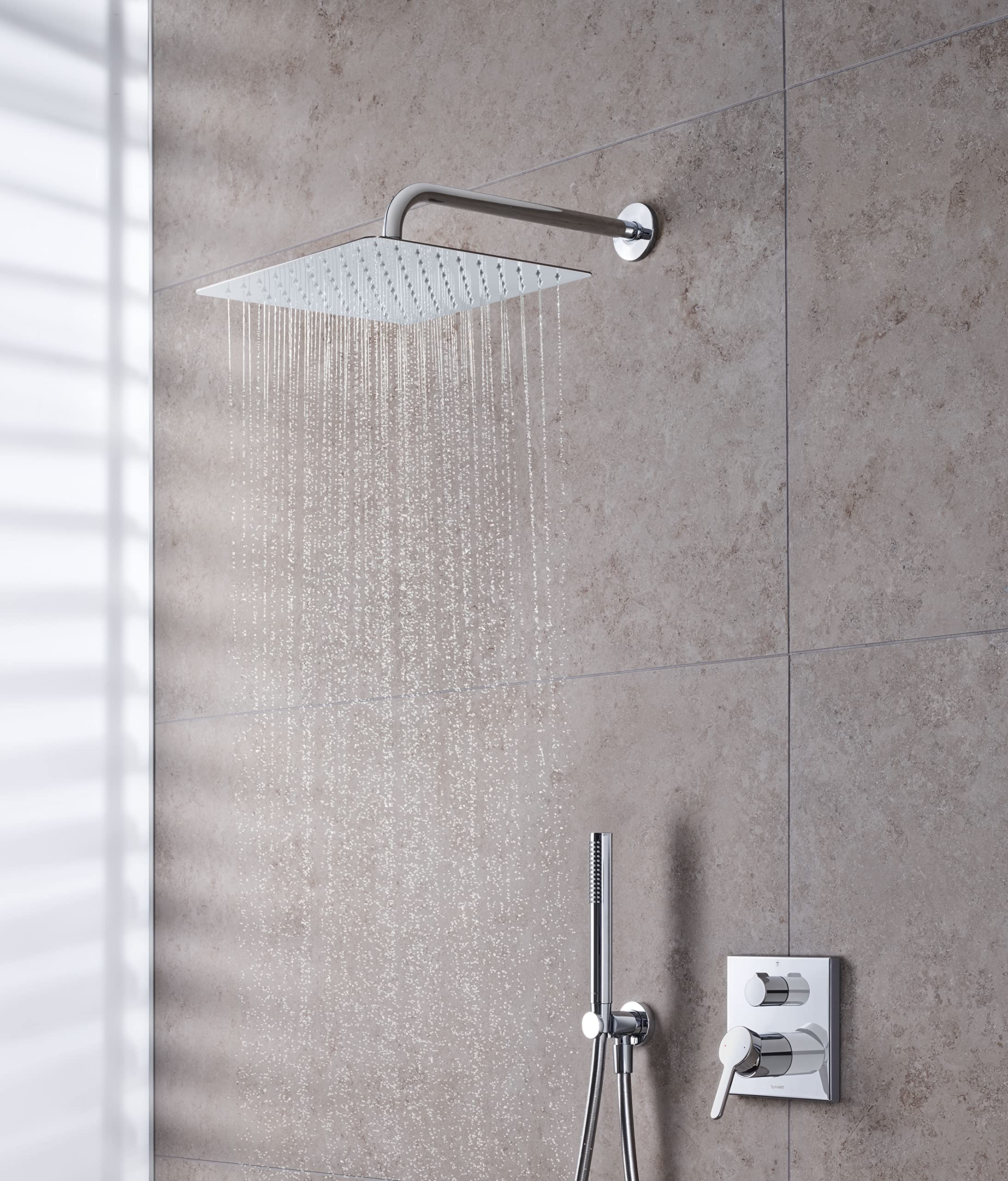 Duravit Universal Duschkopf aus Edelstahl, Duschbrause mit Strahlart Rain, Duscharmatur eckig (300 mm), Kopfbrause im Winkel verstellbar, Regendusche, Chrom
