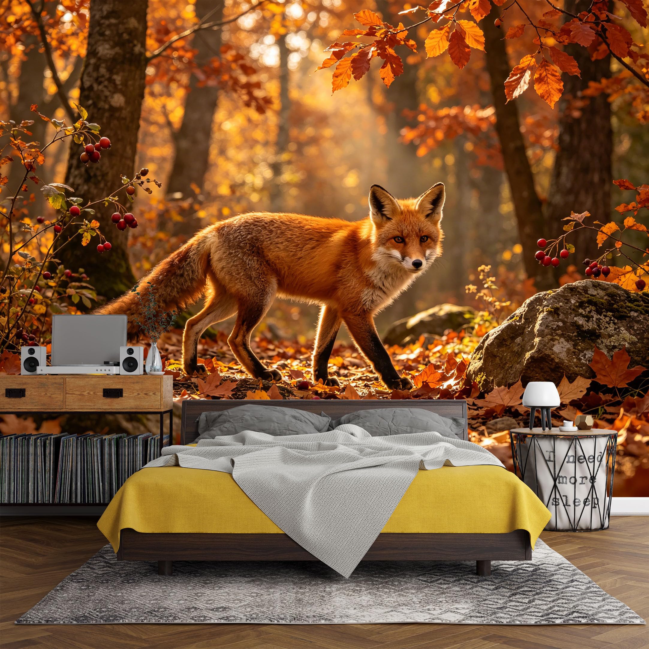 Custom Size Wall Mural， Forest Autumn Fox Woodland Landscape Nature Scene，SelfAdhesive Art Prints wall Fabric (No PVC) Removable Wallpaper Living Room Decor