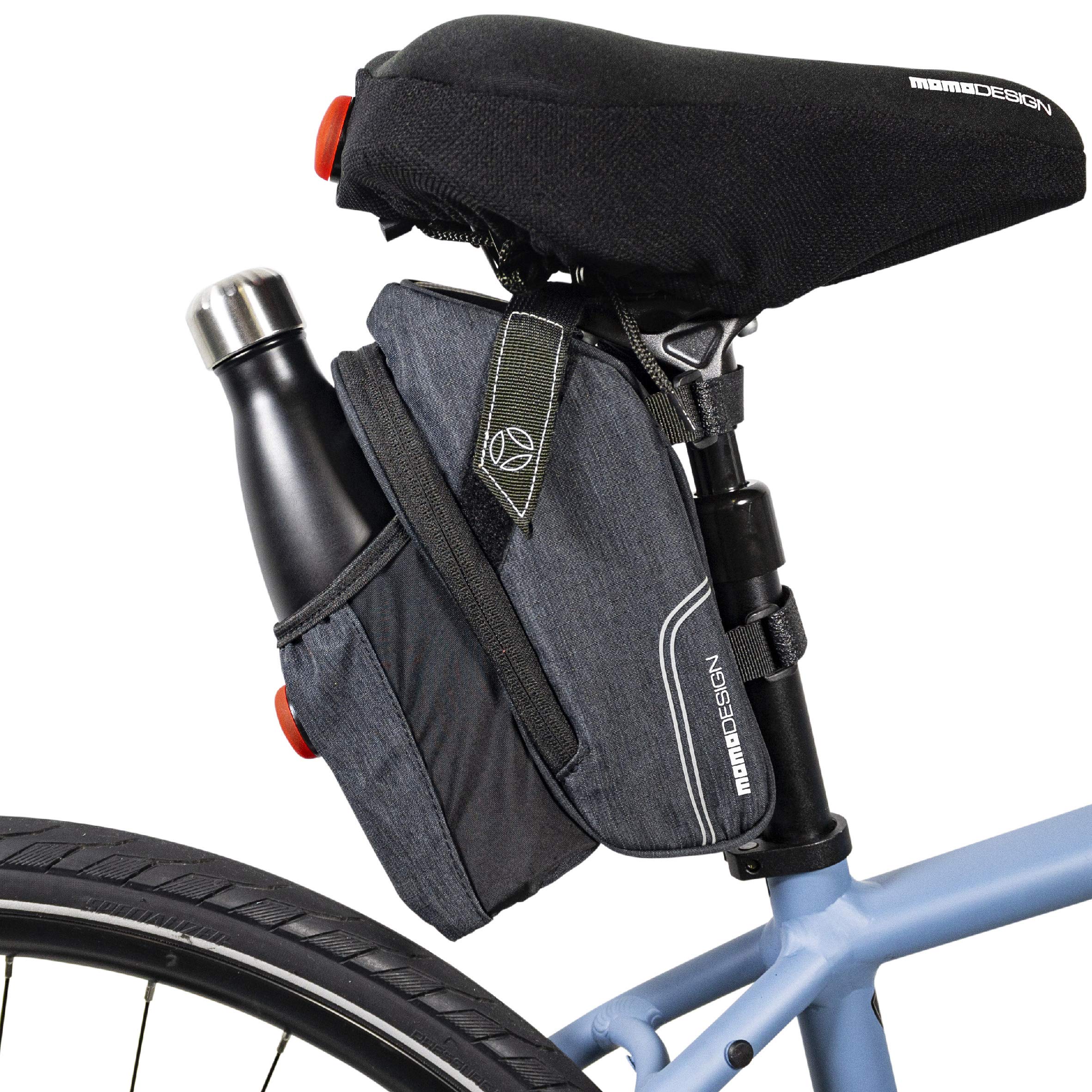 MOMODESIGN Bike • Saddle Bag with Bottle Holder & Light • Universal mounting • Bicycle Cycling Bag Weather Safe & Water Resistant • Reflective Design • Capacity of 1.8 L