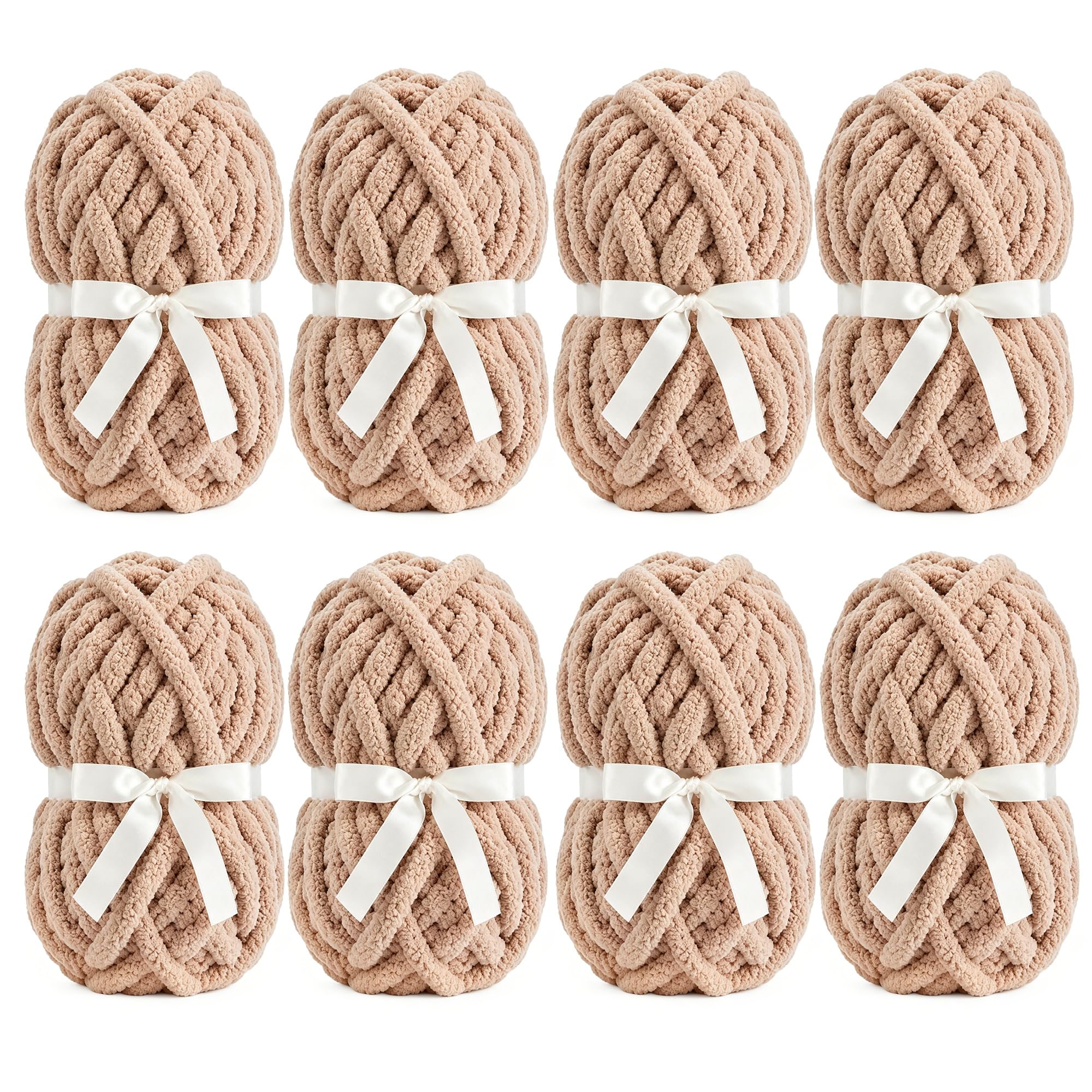 Chunky Chenille Yarn, Super Soft Fluffy Jumbo, 226g Skein, 24m Length, 2cm Diameter, for Hand Knitting and Crocheting, Blankets, Home Decor (8, Light Coffee)