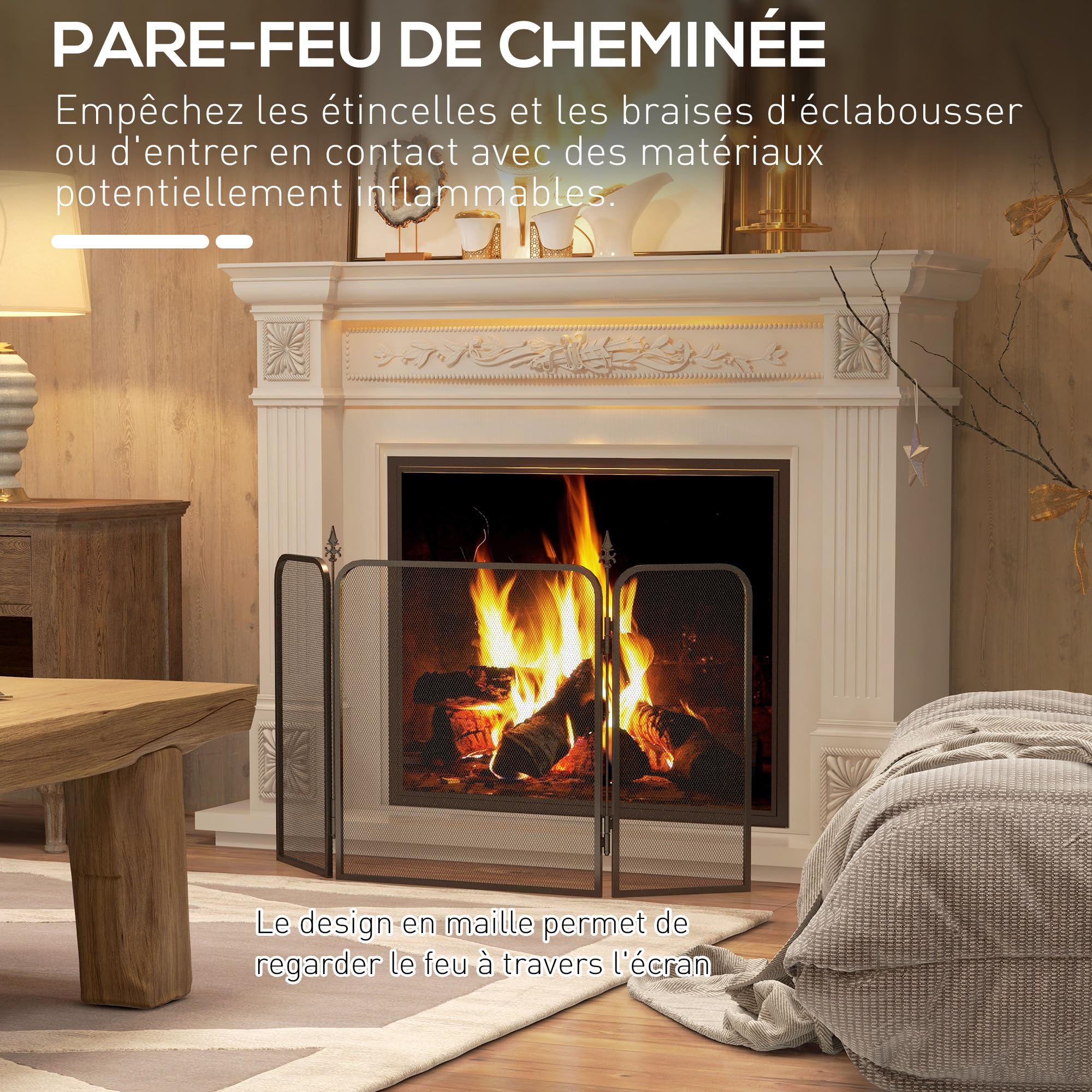 HOMCOM Pare feu cheminée Pliable 3 Panneaux, Pare-étincelles, Grille de Protection en Maille de métal 96x1,3x56 cm Noir
