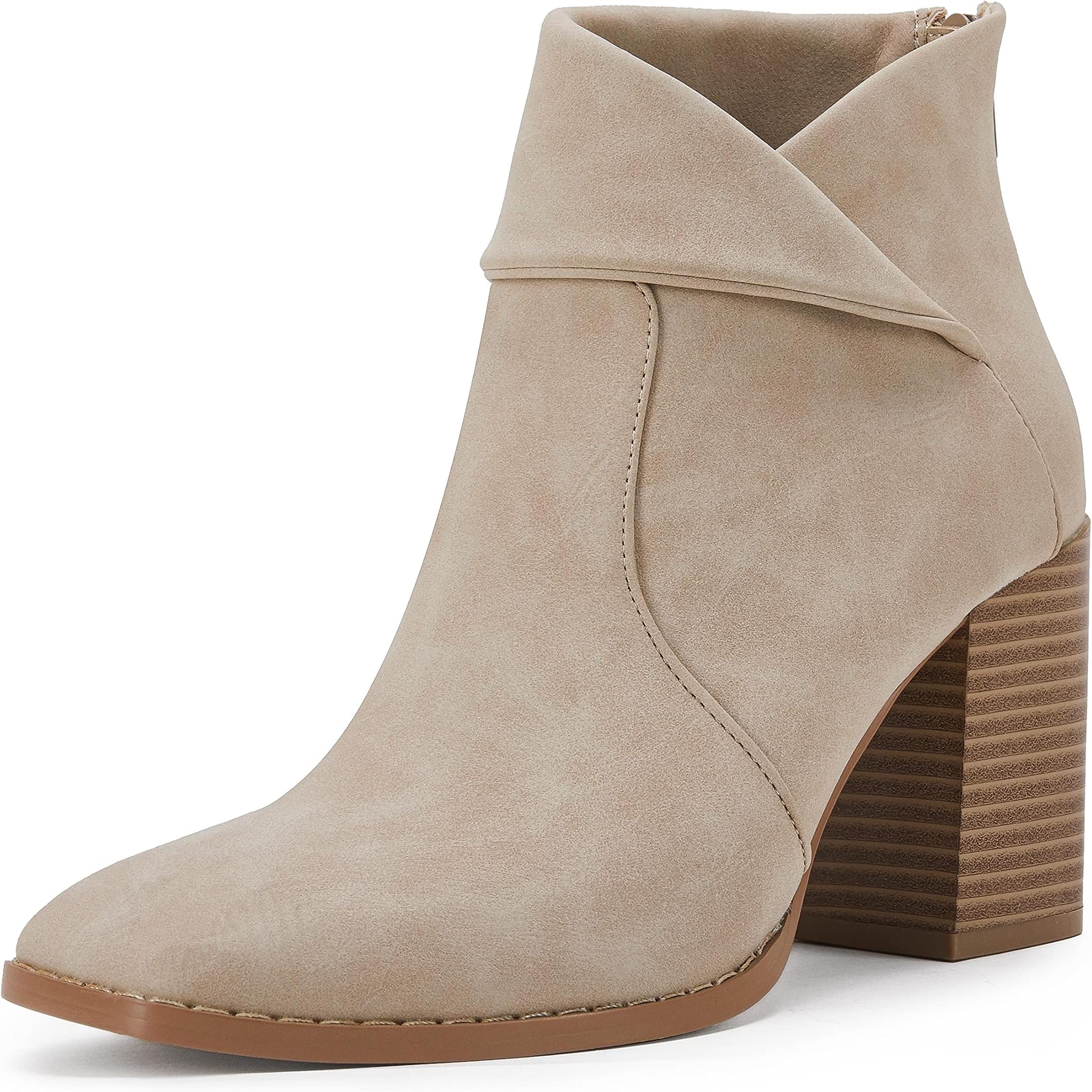 LAICIGO Women's Square Toe Ankle Boots High Chunky Stacked Heel Slip On Criss Cross Zipper Booties
