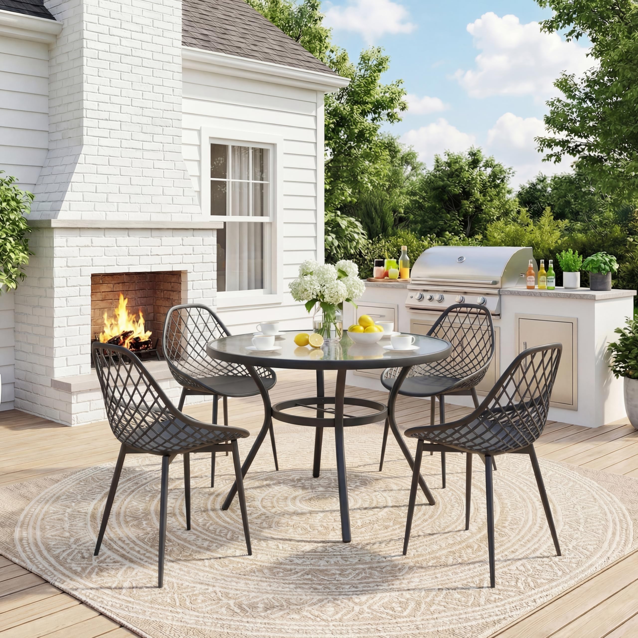 buybyroom Chaise de Jardin Exterieur Lot de 4, Chaise Plastique avec Pied en Métal, pour Terrasse, Balcon, Salle a Manger, Salon, Dossier à Design Ajouré, Noir