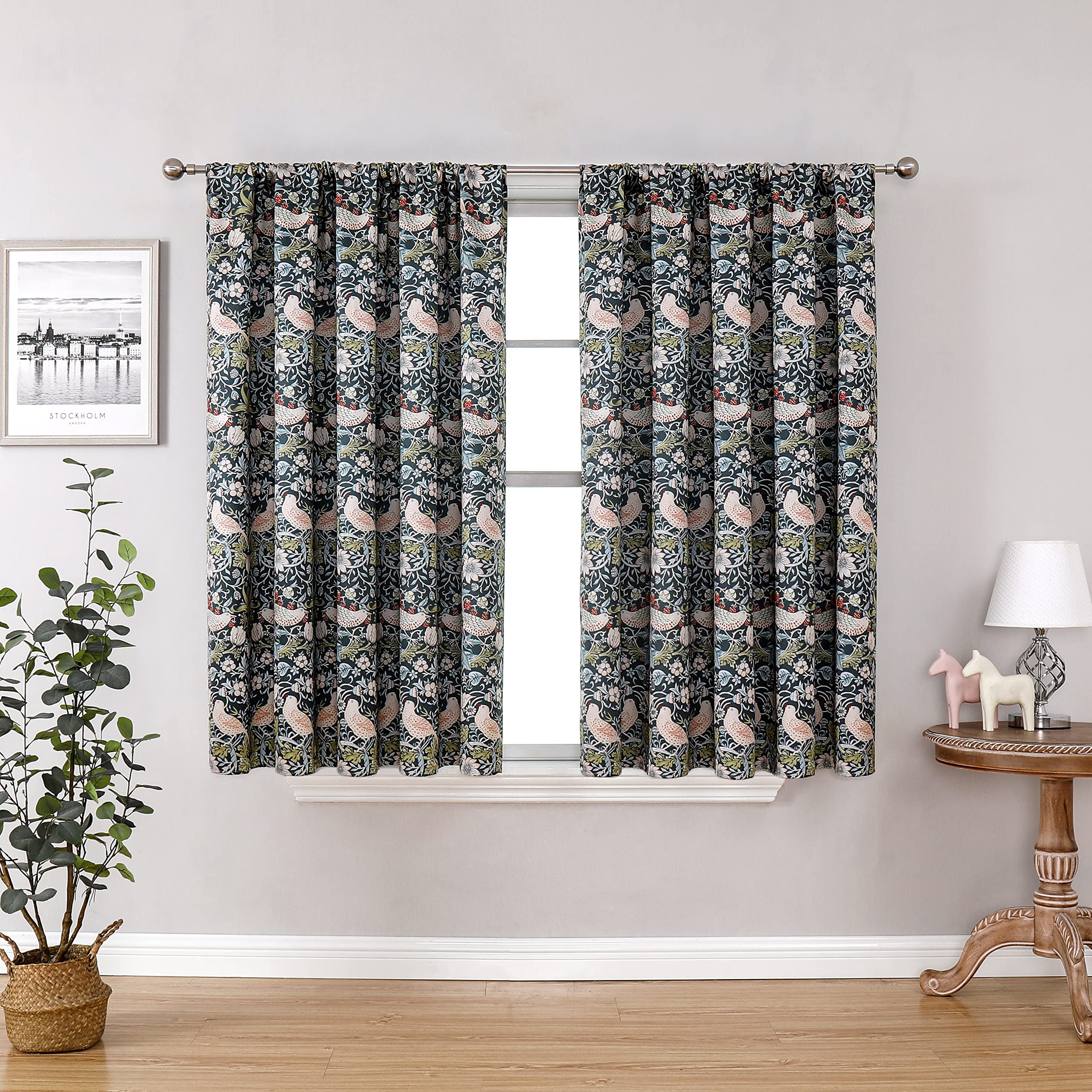 Obal Boys Strawberry Thief William Morris Blackout Bedroom Curtains - Thermal Insulated Noise Reducing, 46" X 54" Drop, Green (2 Panels)