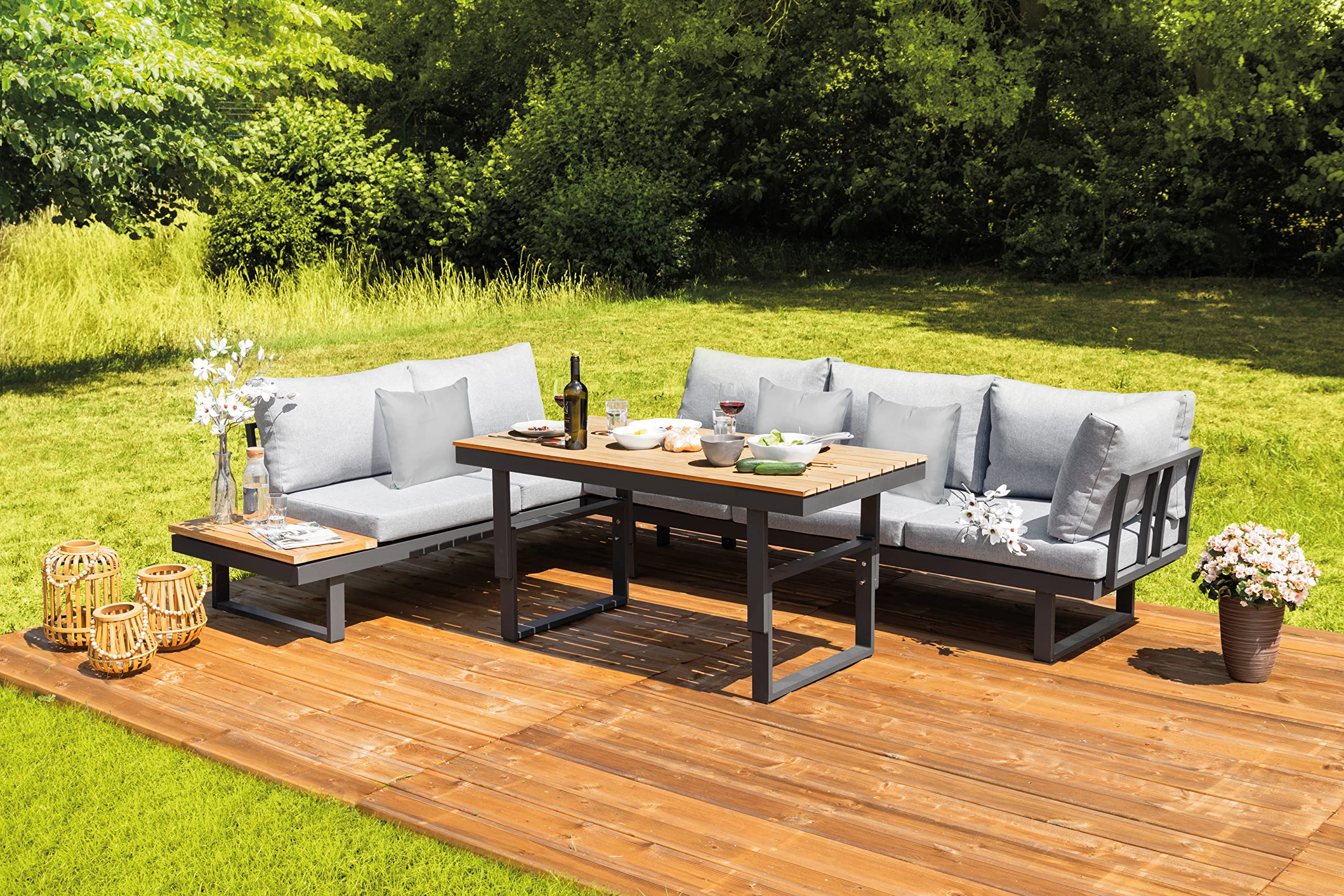 greemotion Salon de Jardin Modulable San José, Mobilier de Jardin en Aluminium 5 Places, Canapé d’Angle Extérieur et Table, Coussins Inclus, Anthracite