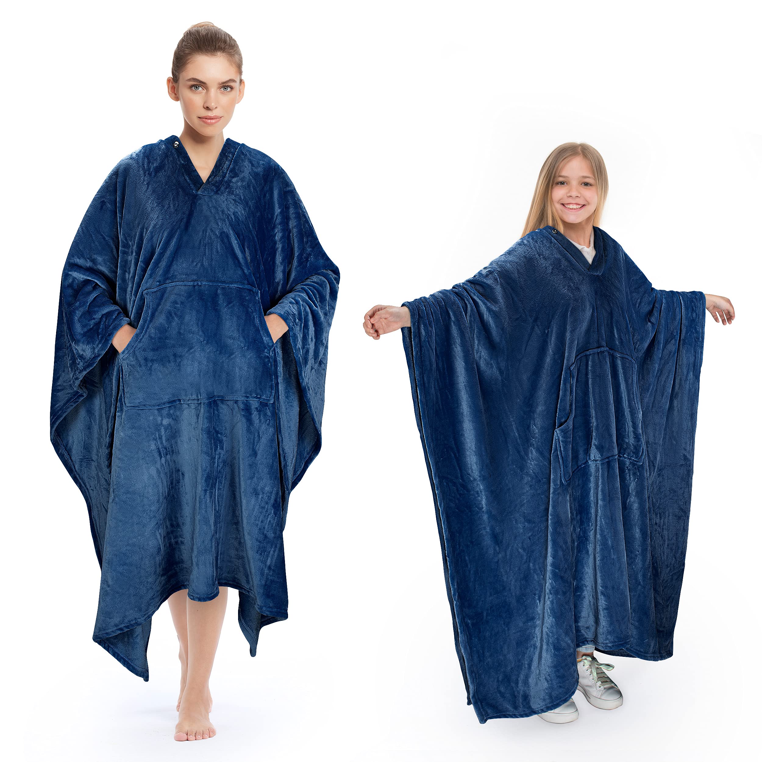 Poncho Blanket Super Soft Comfy Plush Wearable Fleece Blankets Gift for Adult Women Men Kids Throw Wrap Cover Indoors & Outdoors, 55''x 80'' Navy