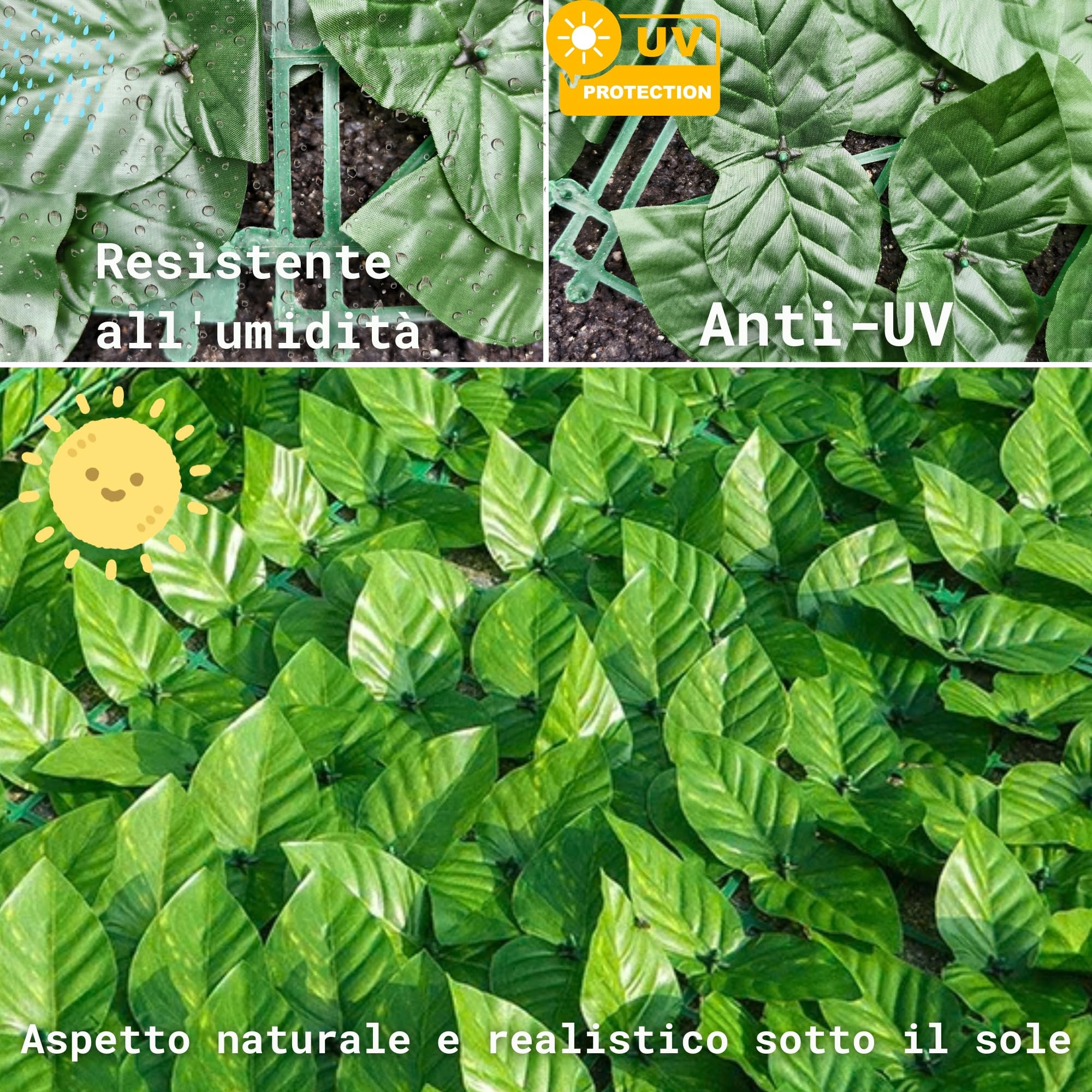 siepe artificiale da esterno e interno, siepe finta per recinzione, edera finta artificiale, frangivista balcone e recinzione giardino, 50 fascetti verdi inclusi (FOGLIE DI LAURO, 1x3 Mt)