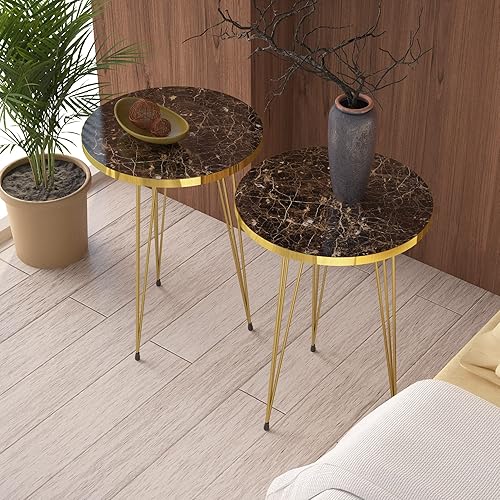 Miniatura 7 de PAK HOME - Juego de 2 mesas auxiliares - Mesas auxiliares redondas de madera con aspecto de mármol blanco para espacios pequeños, mesita de noche