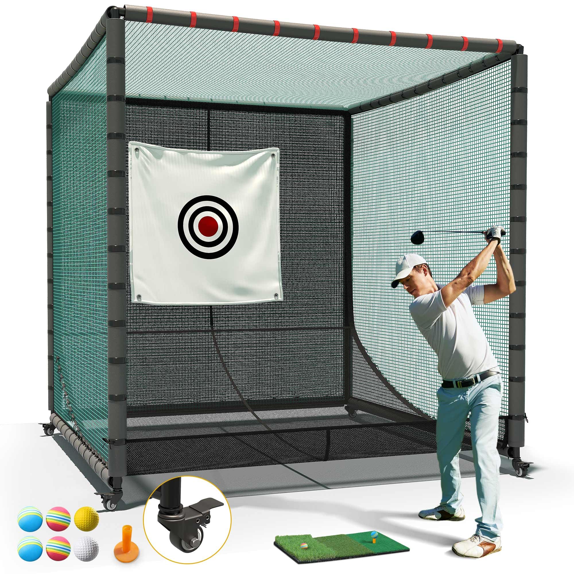 Shopsource 10x10x10Ft Golf Cage with Ball Return Net and Wheels, Metal Frame, Rubber Hose, Golf Hitting Net for Indoor Outdoor Lawn Practice Movable (with 1 Hitting Mat 6 PU Balls 1 tee)