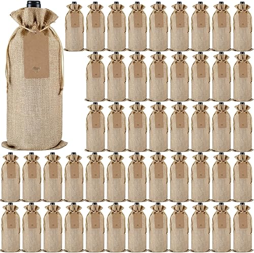 Windyun 50 bolsas de regalo de botella de vino de arpillera con cordones, bolsas reutilizables para botellas de vino con etiquetas de regalo y