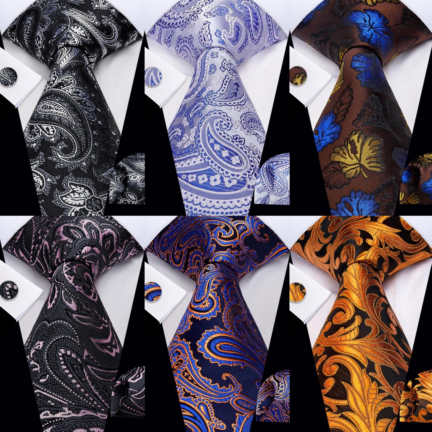 Tie for Men 6PCS Necktie Set Woven Jacquard Silk Neck Tie Pack Hanky Cufflinks Formal Wedding Party Casual Black and Gold-yy - Image 1 of 6