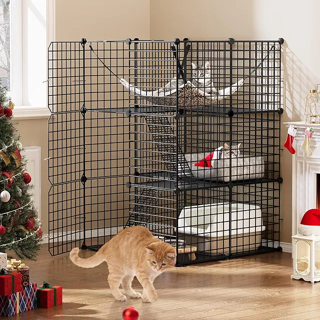 Cage métallique pour chinchilla et chats avec 3 portes, 3 niveaux et hamac extra large
