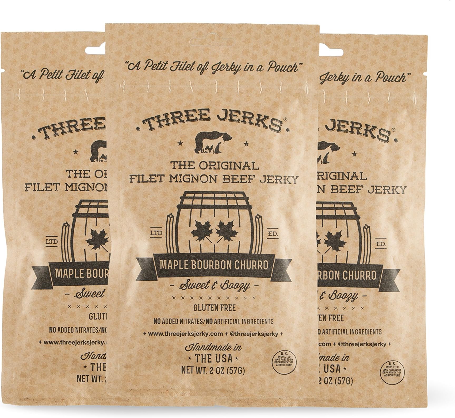 Three Jerks Gluten Free High Protein Filet Mignon Beef Jerky, Maple Bourbon Churro, Pack of 3