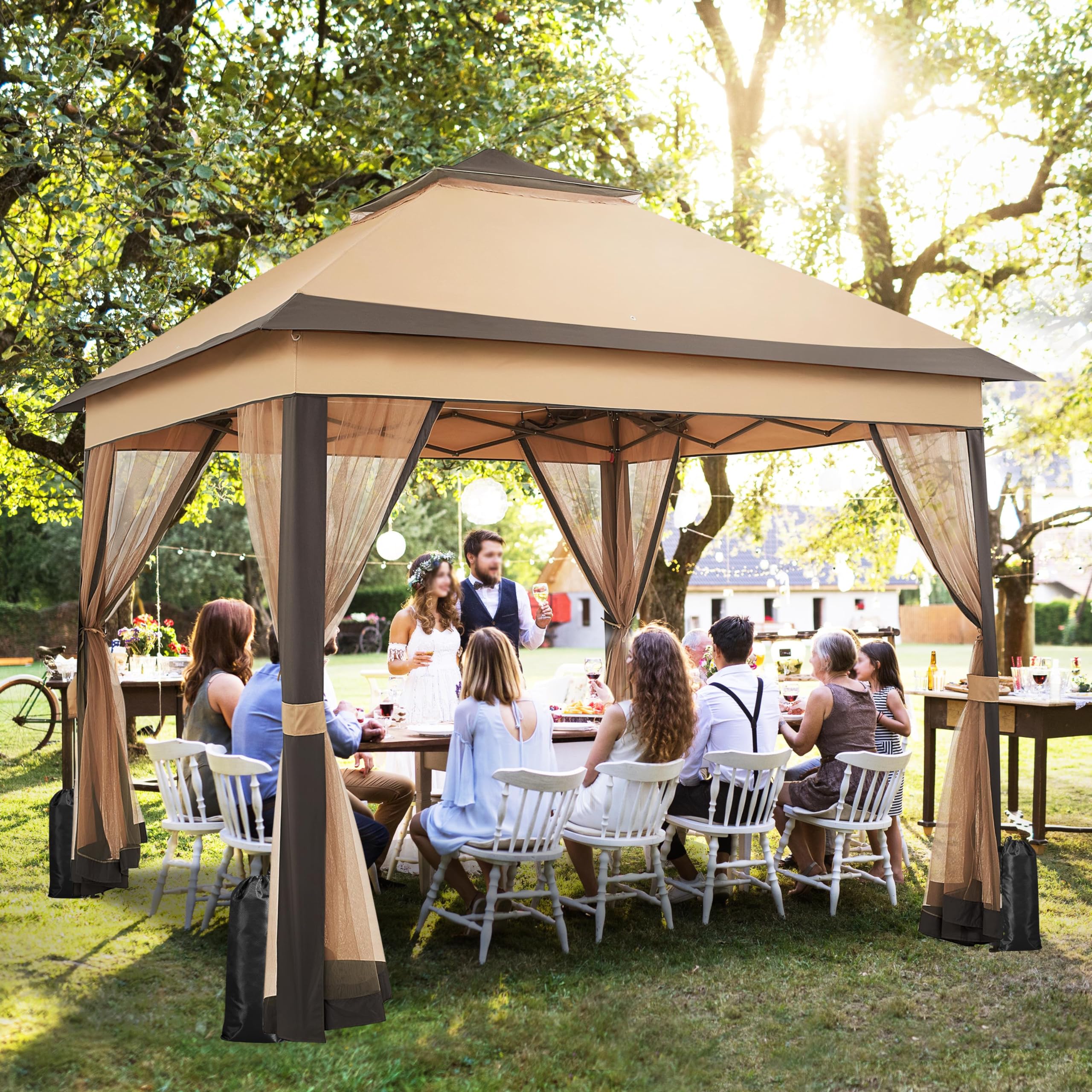 Yaheetech Pavillon 3,3x3,3m Wasserdicht Stabil Pop Up Faltpavillon, Höhenverstellbar Gartenpavillon mit 4 Moskitonetz Seitenteilen & Doppeldach Partyzelt inkl. Tragetasche, Khaki+Braun