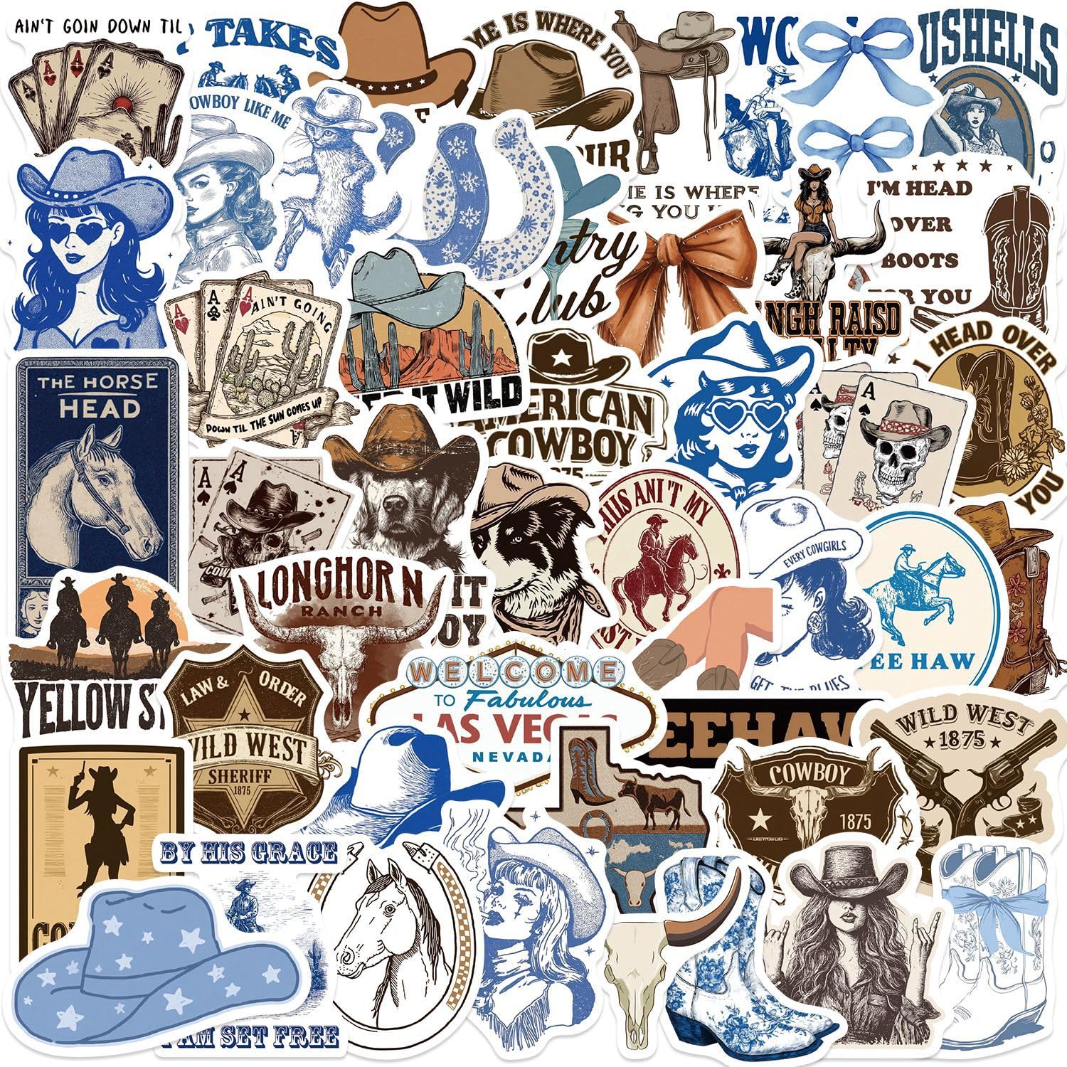50 Pcs Cowboy Stickers Laptop Car Scrapbook Phone Skateboard Suitcase Luggage Bike Cowboy Vinyl Waterproof Aesthetic Personalised Stickers for Adults