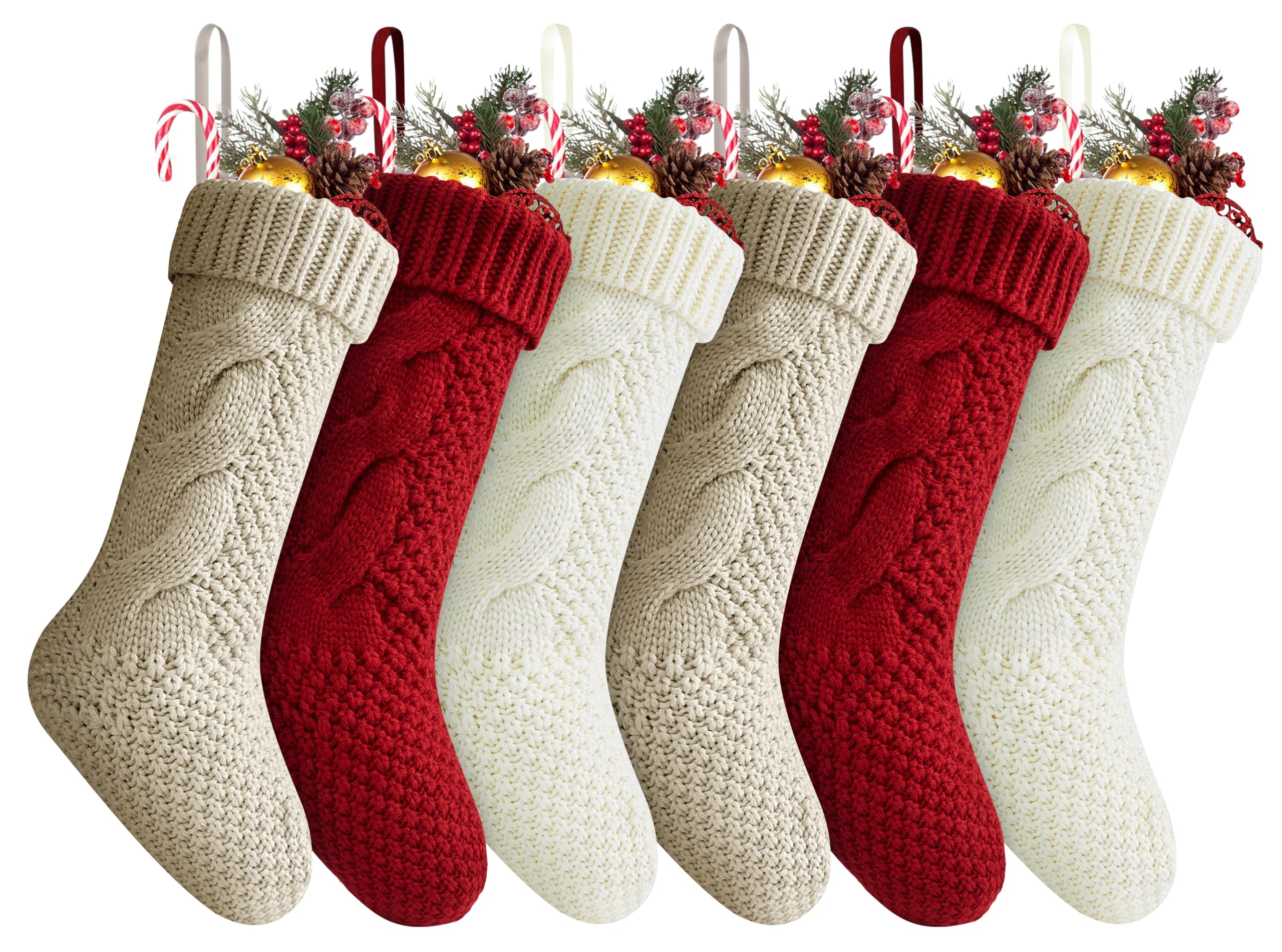 Fesciory Christmas Stockings 6 Pack, 18 Inches Large Size Twist Knitted Stockings Gifts for Xmas Family Holiday Party Decorations, Burgundy&Ivory White&Khaki