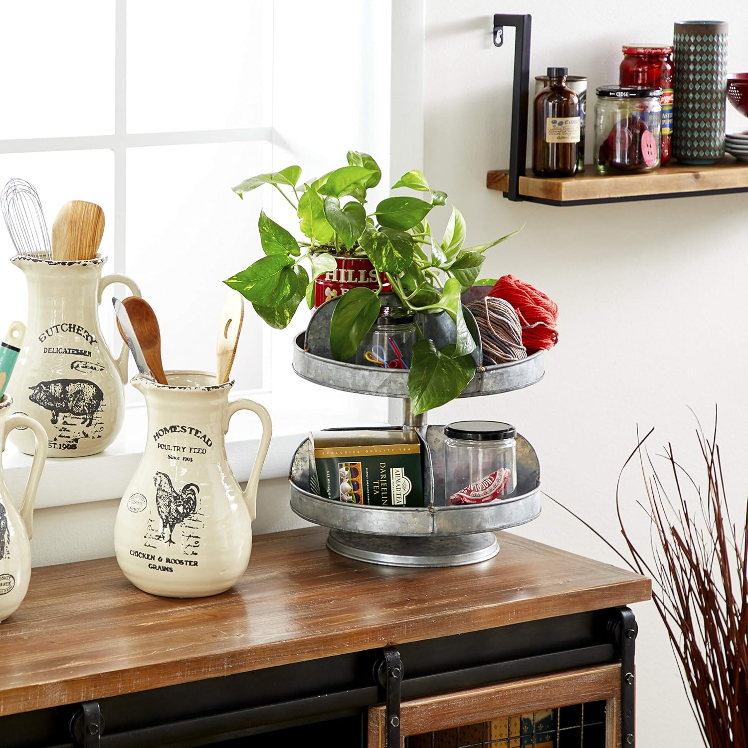 Deco 79 49204 Galvanized Metal 2-Tier Tray Stand, 13" x 12", Gray