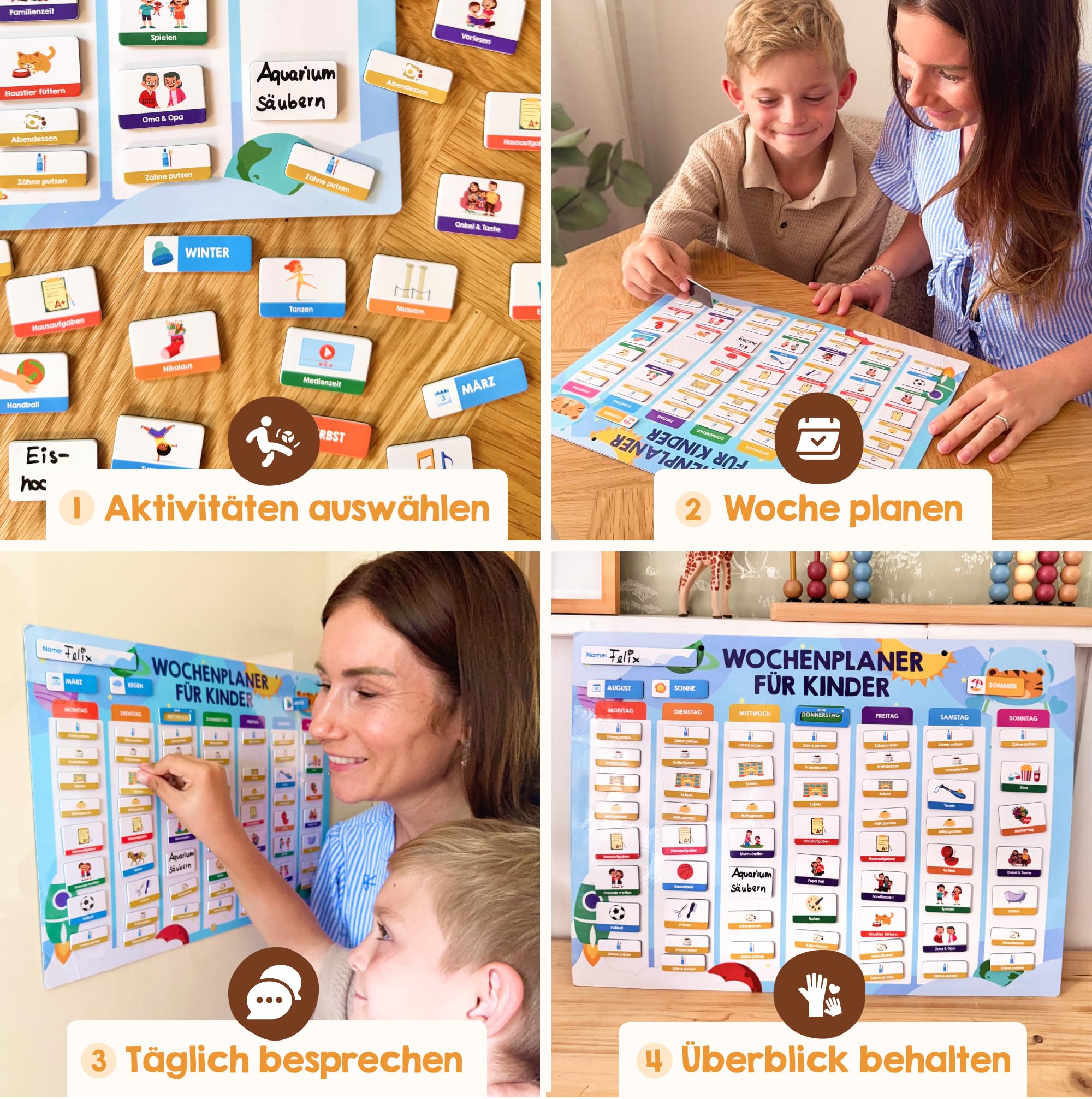 Edubini Wochenplaner Kinder - [223 Magnete + 150 Sticker] - Routine Planer Kinder für Struktur im Alltag - Montessori Magnettafel, Tagesplaner, Aufgabentafel, Belohnungstafel - (inkl. Tasche, Stift)