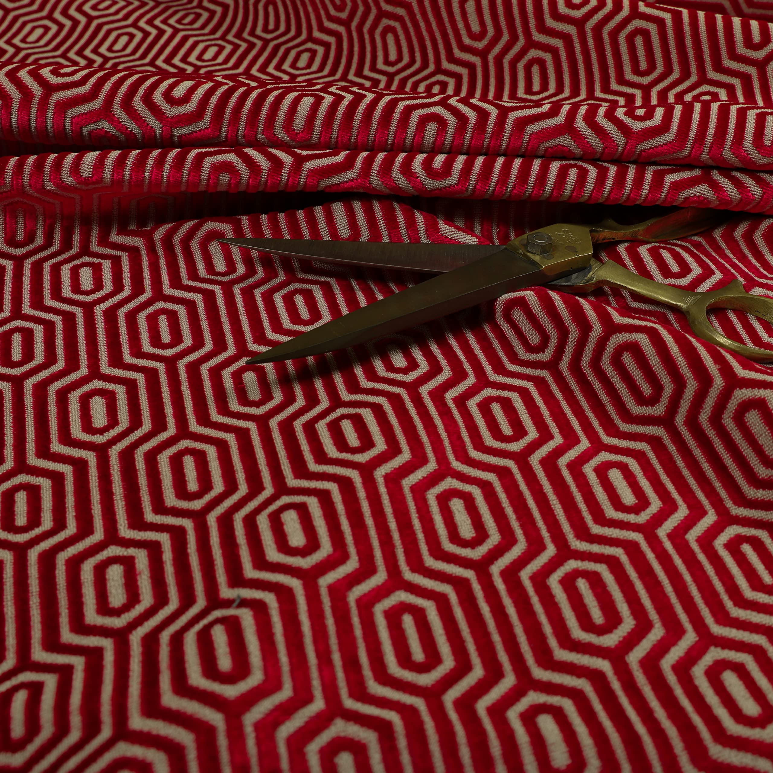 Redbrick Mill Fabrics Flame Retardant Geometric Pattern Velvet Upholstery Fabric by The Metre for Curtains, Chairs and Soft Furnishings, Pink (Per Metre)