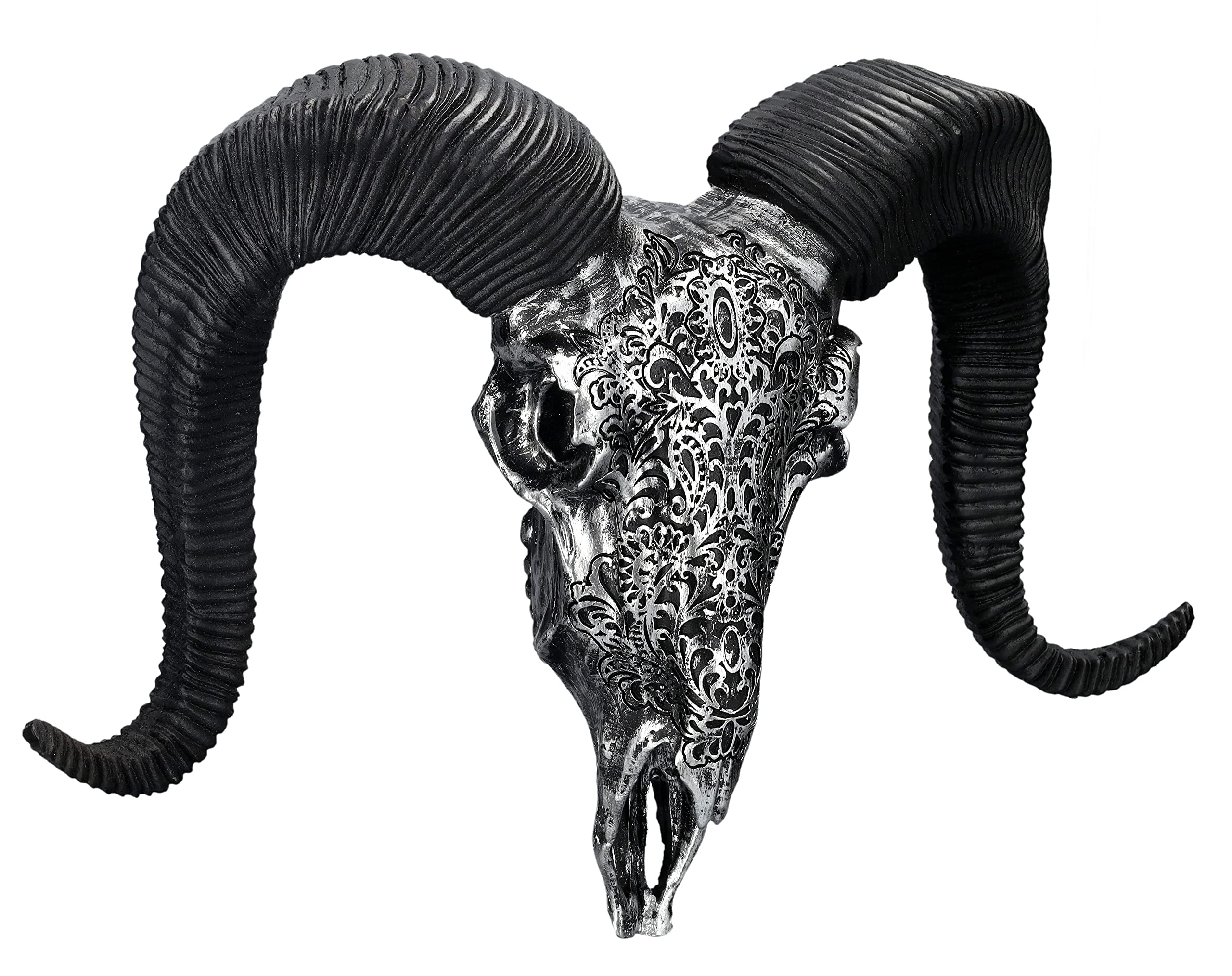 Pacific Giftware Trofeo en relieve de pared – Cráneo de carneros 29 cm con adornos plateados calavera con cuernos trofeo | Toro, cabeza de toro, ovejas largas