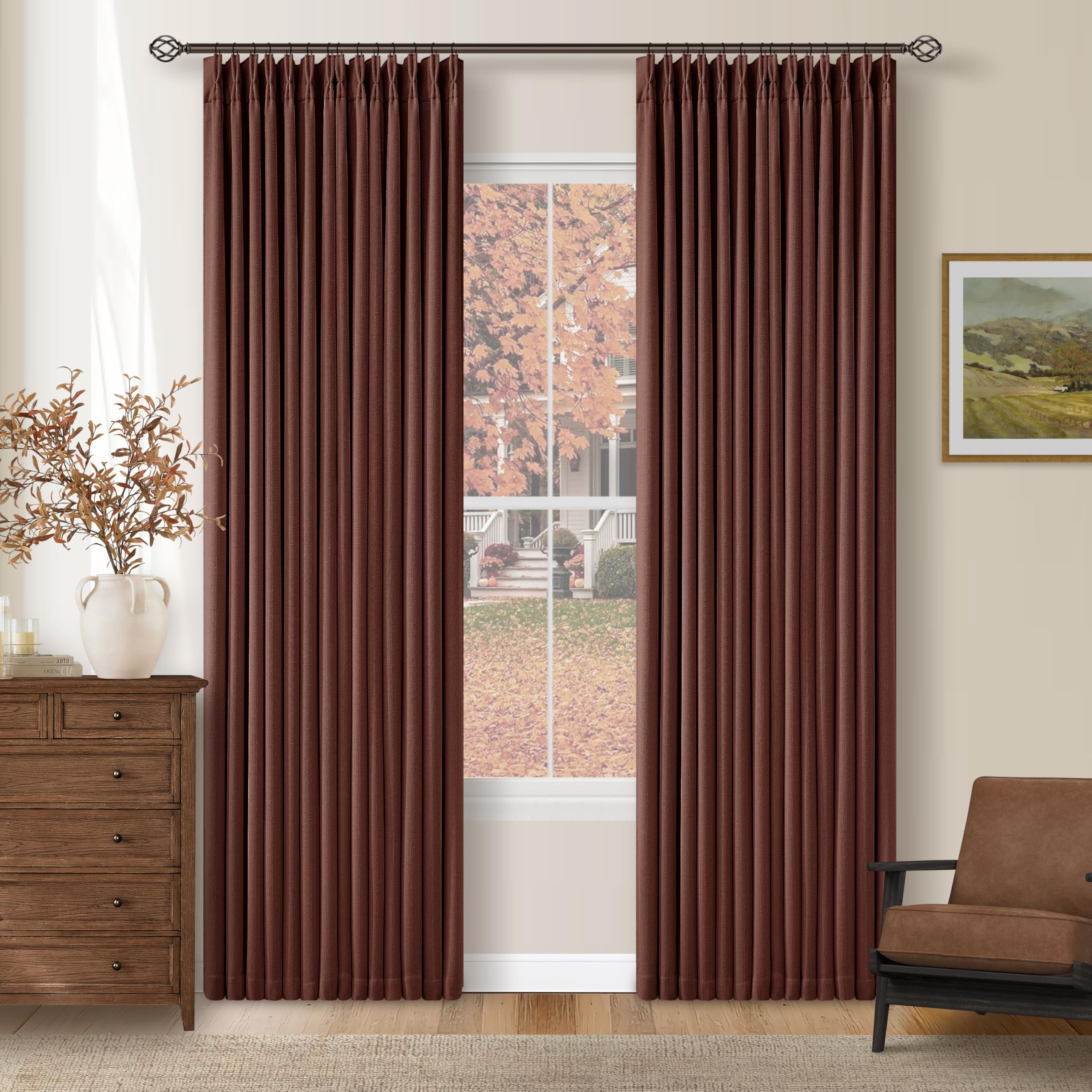 Chestnut Brown Pinch Pleated Blackout Linen 84 Inch Curtains for Bedroom