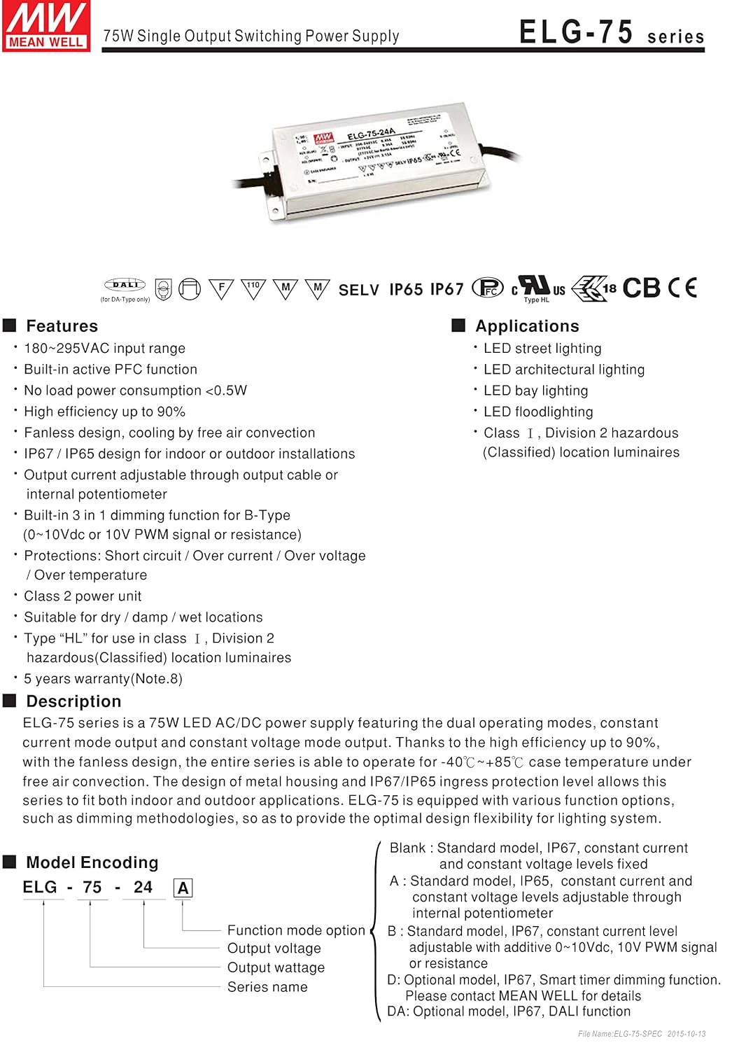 MEAN WELL ELG-240-C2100B 120V 2100mA 242W Constant LED Driver