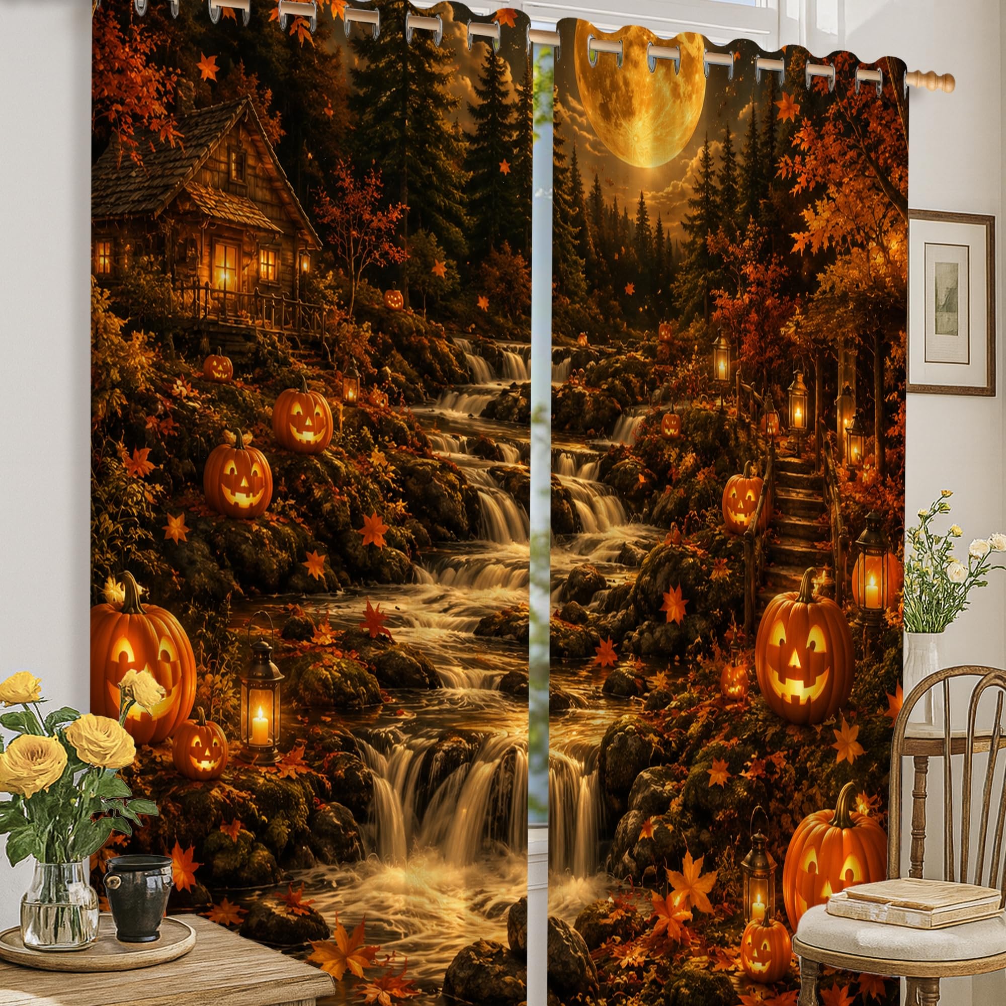 Rideaux occultants motif citrouilles cascade orange automne 132x160cm