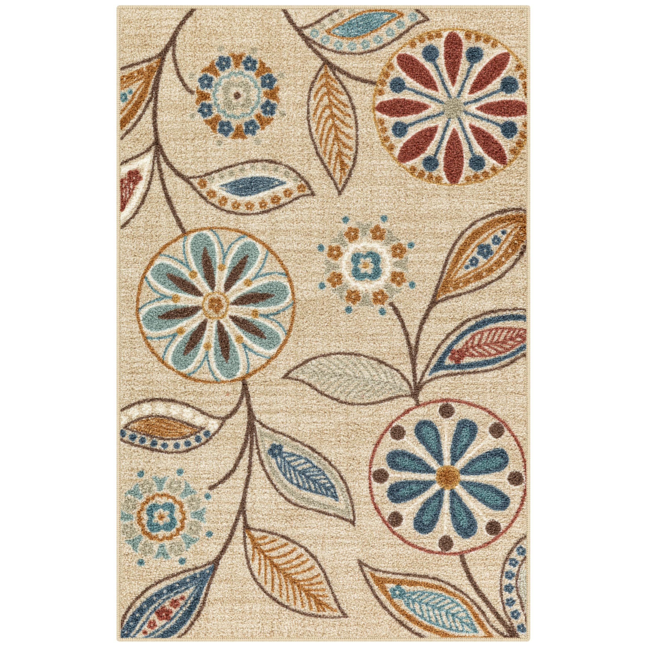 Maples Rugs Reggie Floral Kitchen Rug - Made in USA - Washable, Non Slip Indoor Carpet for Entryway, Foyer, Kitchen, and Bathroom, 2'6 x 3'10, Beige