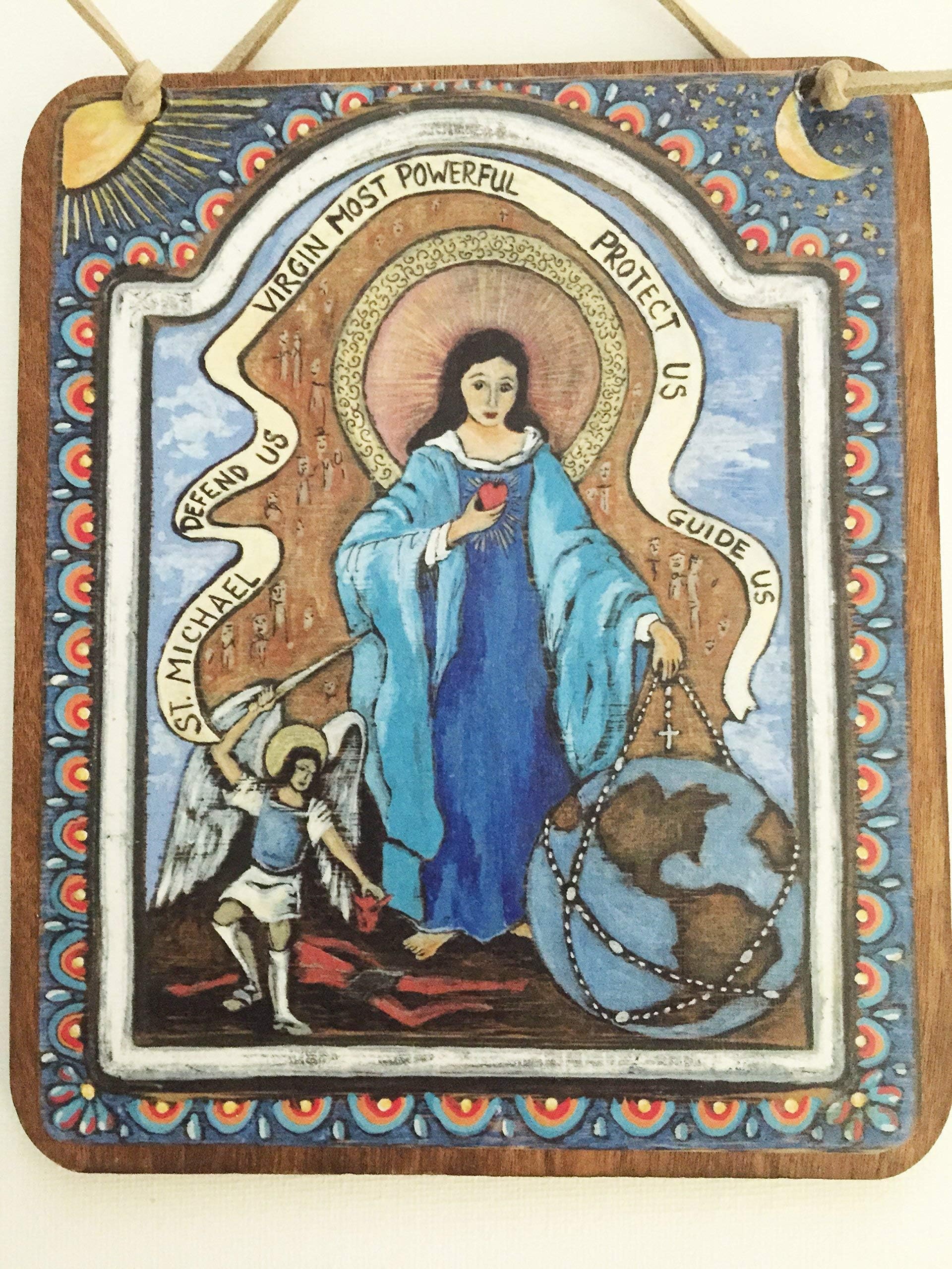 Angel St Michael Virgin Mary Retablo Icon Spanish Colonial Art blue 5 x 6 inch devotional painting print