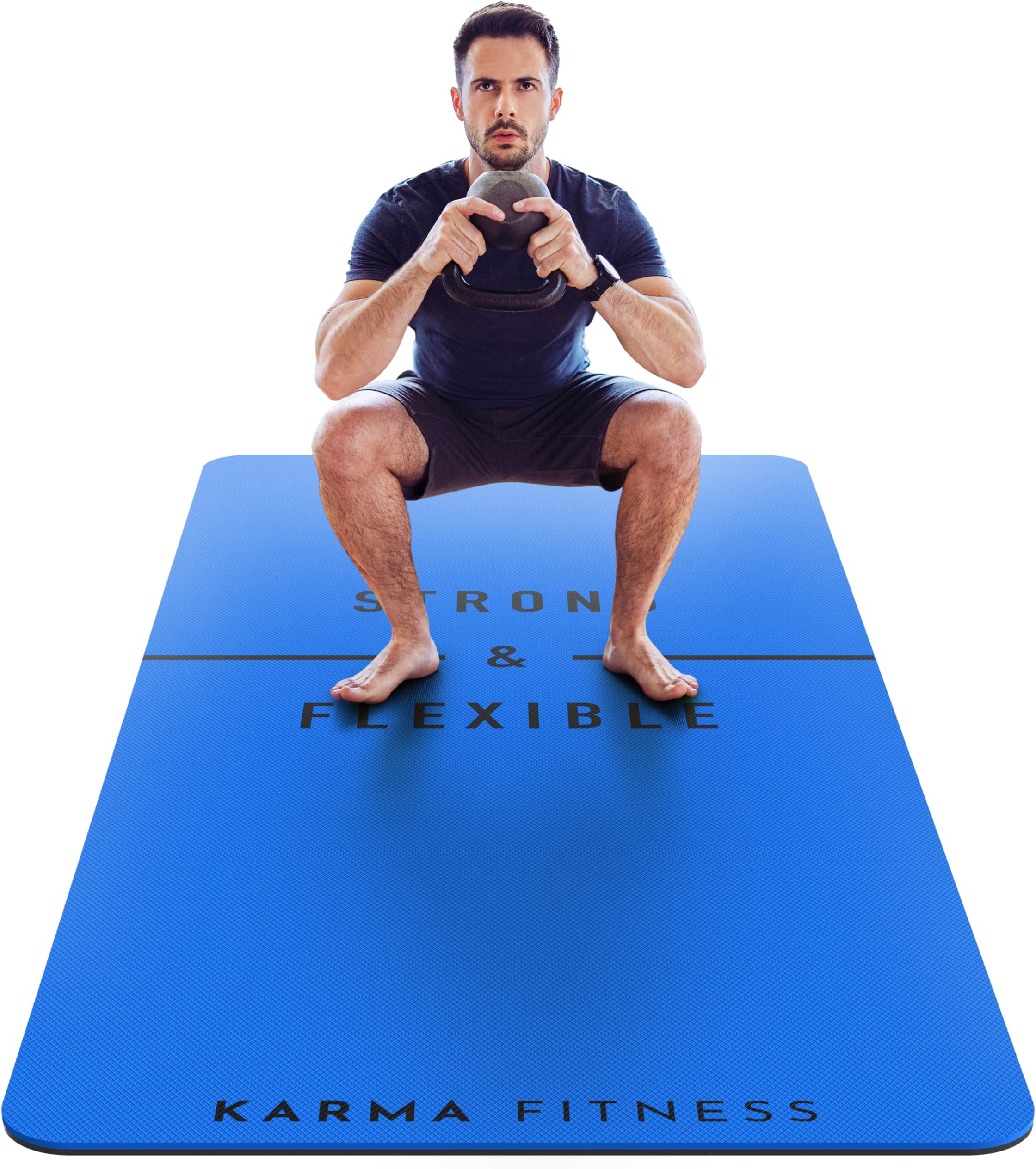 Large Exercise Mat – Extra Wide & Extra Thick Yoga Mat (183cm x 80cm x 10mm), TPE Fitness Mat with Free Carry Straps, Perfect for HiiT Home Workouts & Pilates - 'STRONG & FLEXIBLE' (Blue)…
